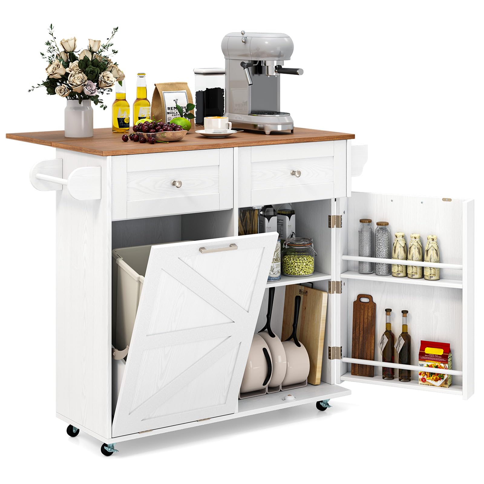 Giantex Kitchen Island Cart with Hidden Tilt-Out Trash Can, Drop Leaf, 2 Drawers & Towel Rack - Mobile Rolling Breakfast Bar Table - White & Natural Wood Storage Cart - Perfect for Small Kitchens, Apartments & Breakfast Nooks