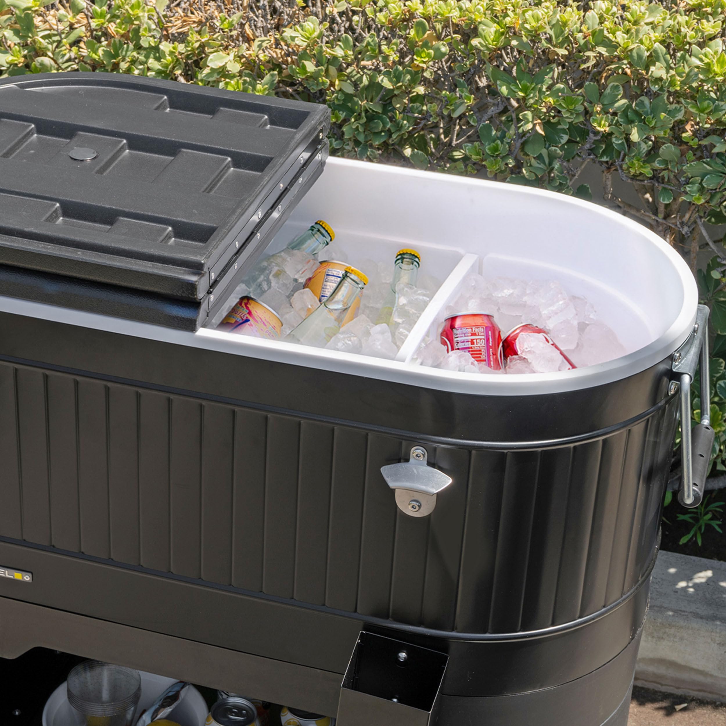 Permasteel 120-Qt Rolling Ice Chest Cooler with Wheels & Drink Dividers - Portable Outdoor Party Cooler Cart for BBQs, Tailgating, Camping & Indoor Entertaining - Black