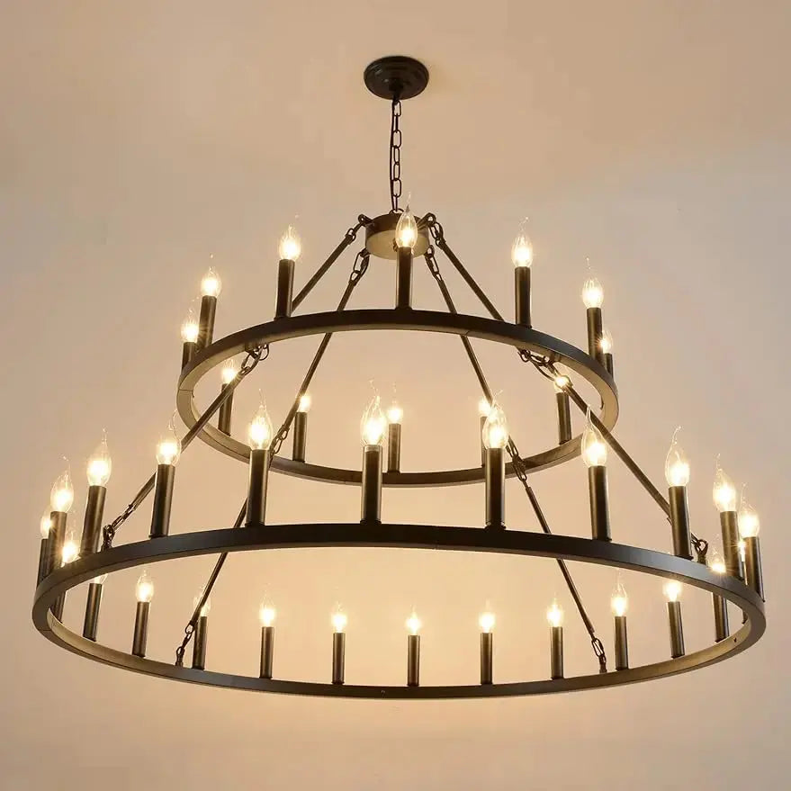 Rustic 48 Inch 2-Tier Wagon Wheel Chandelier - Farmhouse Lighting Fixture for Dining Room, Living Room & Cabin Decor