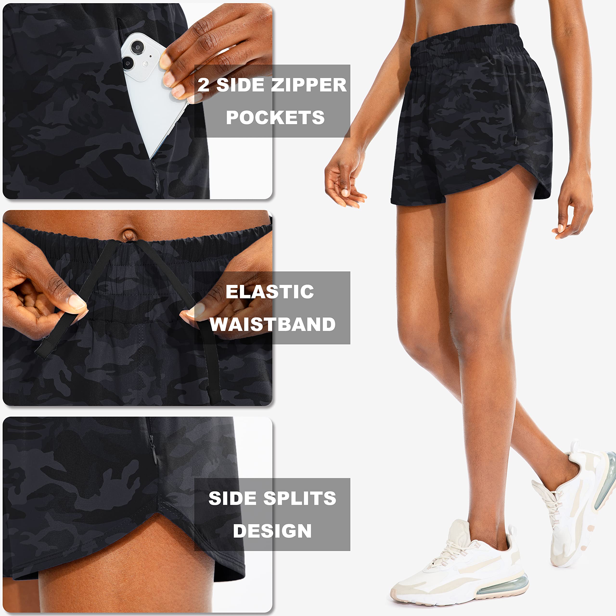 SANTINY High Waisted Running Shorts for Women with Zip Pockets - Athletic Workout Gym Shorts with Liner - Perfect for Jogging, Yoga & Fitness Training