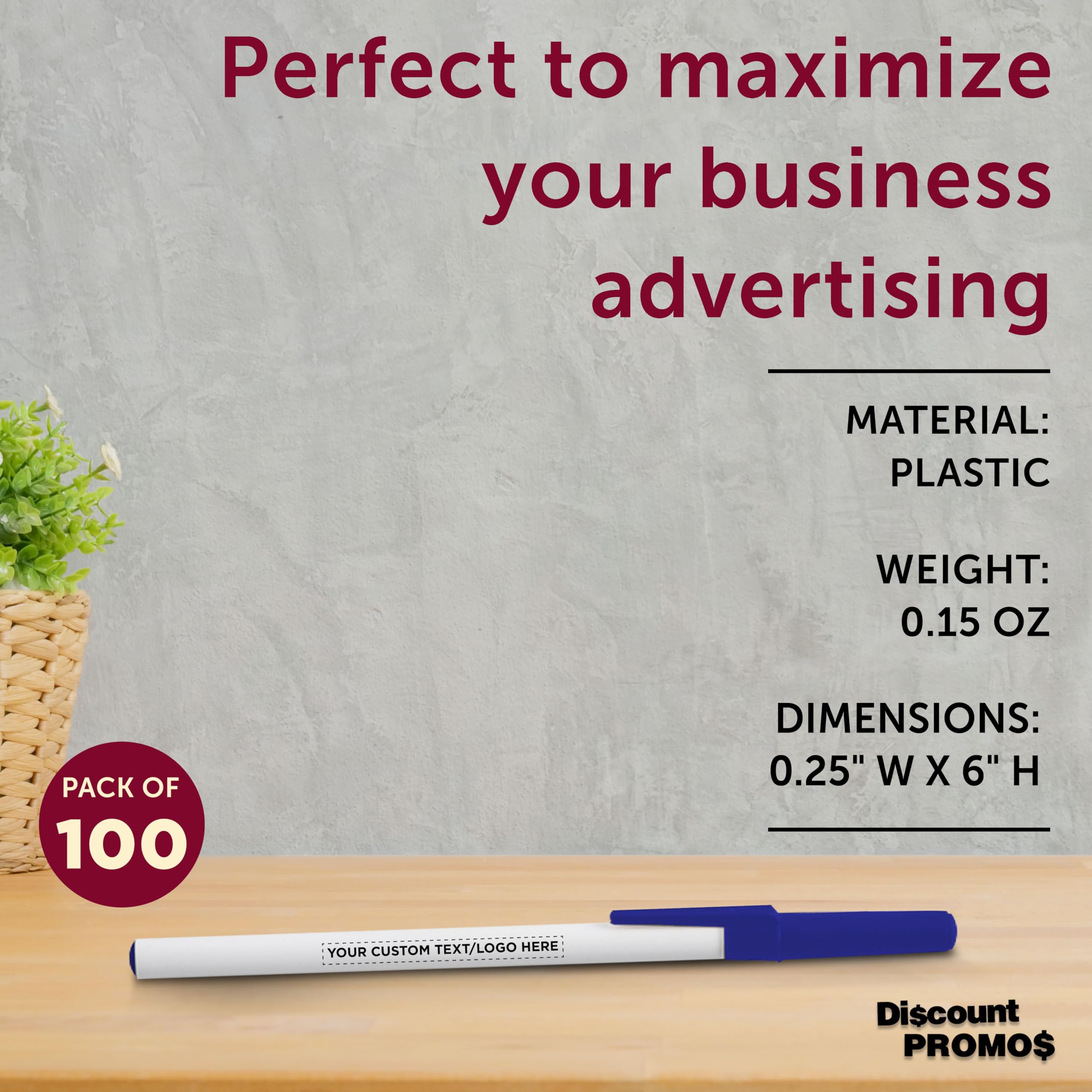 Custom Value Stick Pens Set of 100 - Personalized Bulk Pack with Black Ink - Premium Promotional Pens for Office, School, Business, Tradeshows & Events - Perfect for Branding, Giveaways & Corporate Gifts