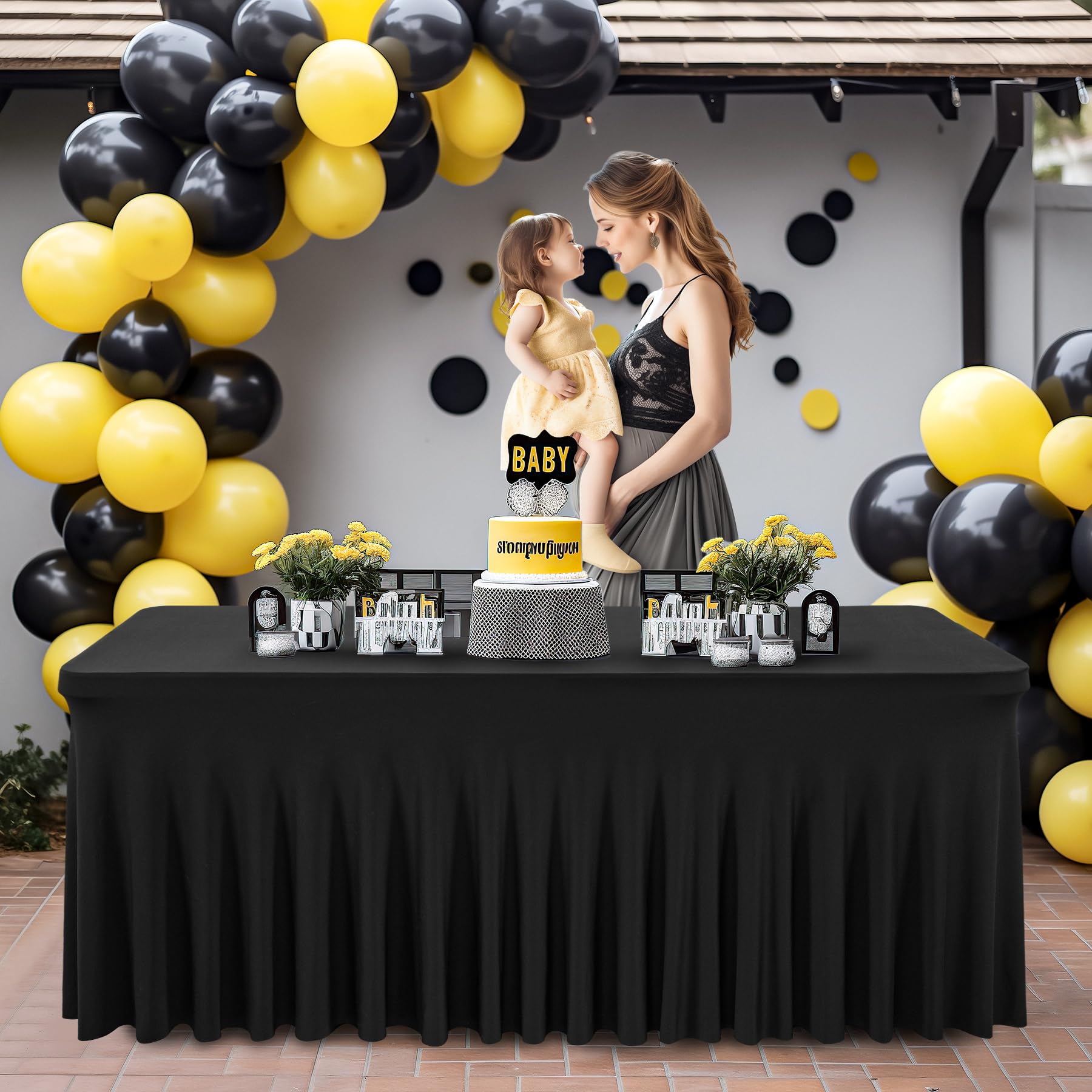 PARTISKY Black Spandex Table Skirt - 6ft Stretchable Folding Table Cover for Rectangle Tables | Perfect for Banquets, Weddings, Birthday Parties & Events | Durable & Elegant Tablecloth for Home & Commercial Use