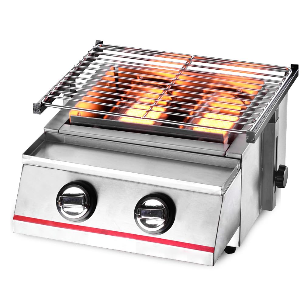 2 Burner Commercial Gas Grill - Smokeless Indoor & Outdoor BBQ Grill with Adjustable Height, LPG Propane Griddle & Removable Grill Net - Perfect for Camping, Picnics, Parties, Backyard Cookouts and Tailgating