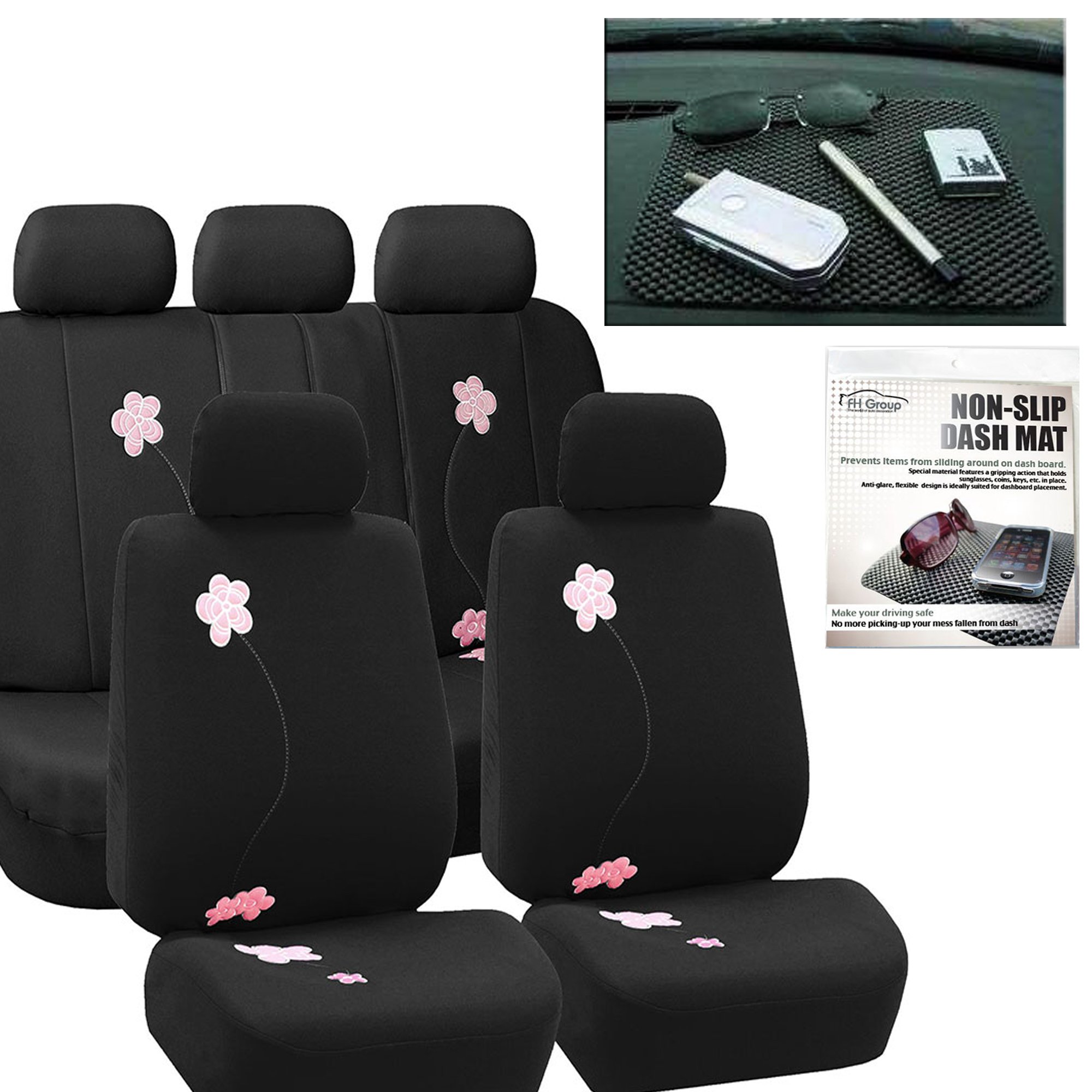 FH Group Floral Full Set Solid Black Car Seat Covers - Universal Fit for Cars, Trucks & SUVs | Airbag Compatible & Split Rear Design | Durable Interior Accessories for Daily Commute, Road Trips & Family Travel