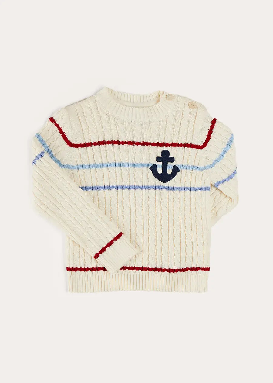 Beige Anchor Motif Cable Knit Jumper for Kids (Ages 2-10 Years) - Cozy Winter Sweater for School & Outdoor Activities