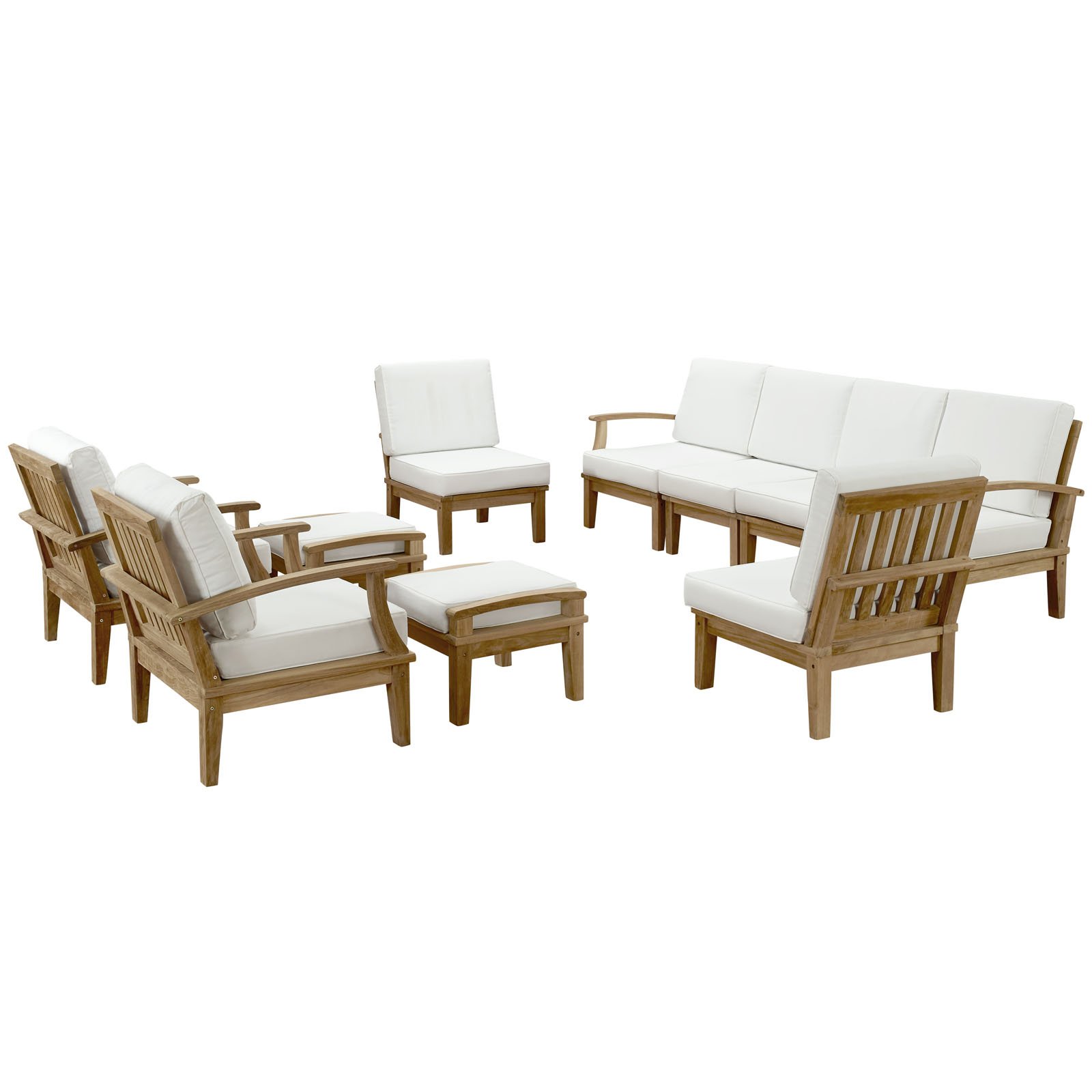 Premium Teak Wood 10-Piece Outdoor Patio Furniture Set - Modway EEI-1489-NAT-WHI-SET - Grade A Teak Seating for 8 with Ottomans in Natural White - Perfect for Backyard, Poolside & Garden Relaxation