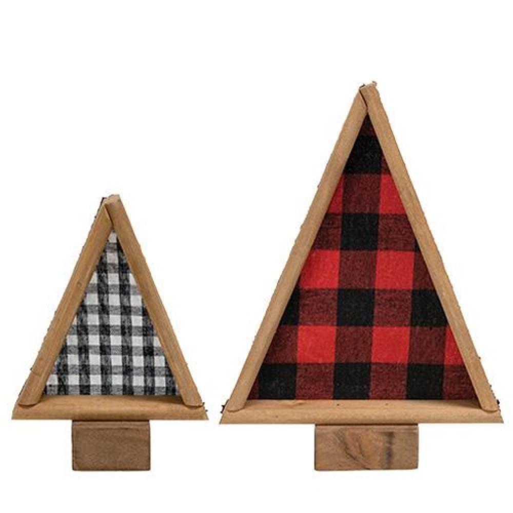 2-Piece Buffalo Check Felt and Wood Christmas Tree Set - Rustic Holiday Decor for Home, Office, and Festive Party Decorations