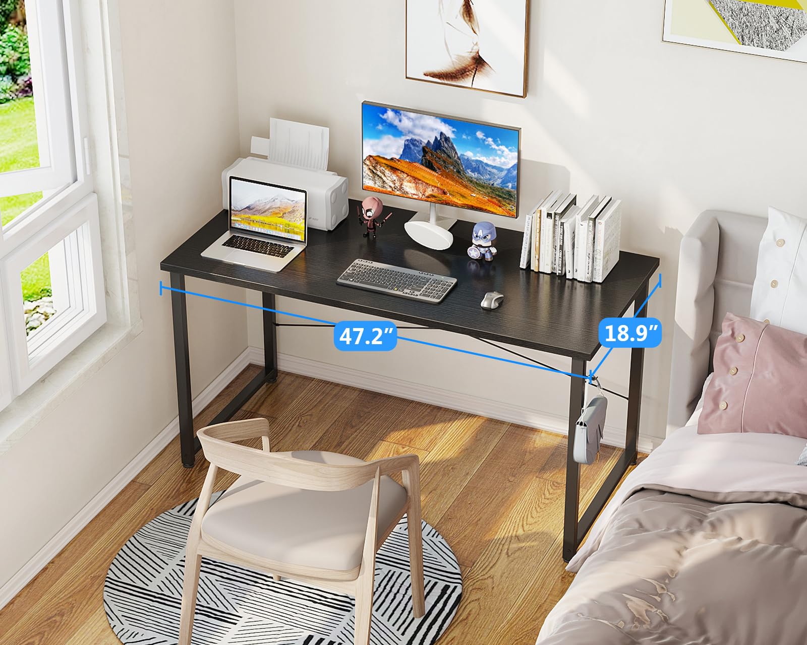 Casaottima 48 Inch Small Computer Desk for Home Office - Compact Writing Study Desk with Headphone Hooks, Modern Simple Design, Space Saving Black Workstation - Perfect for Small Spaces, Dorm Rooms & Home Office Setup