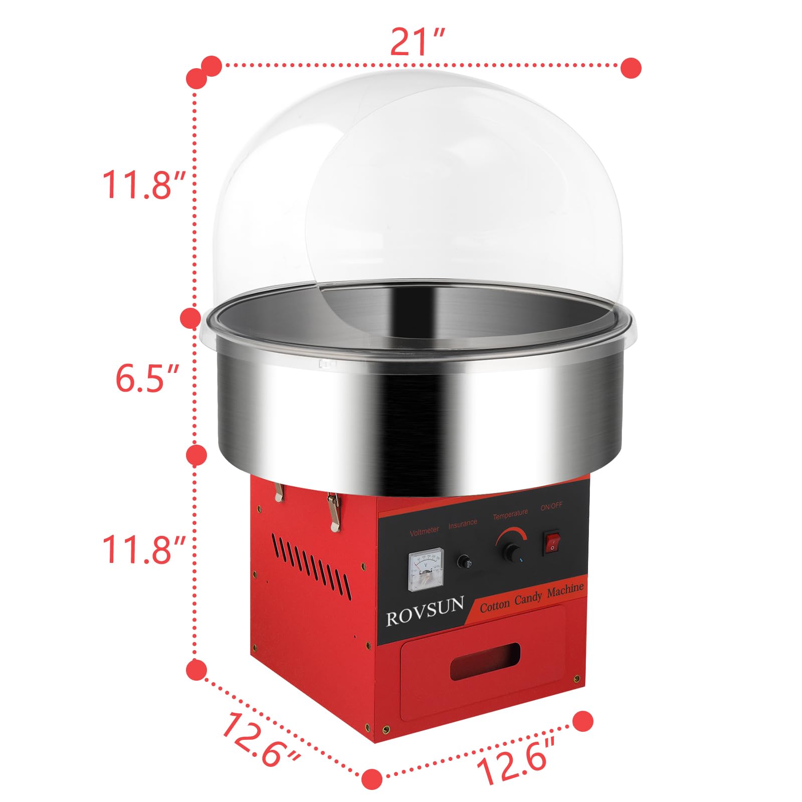 ROVSUN 21 Inch Commercial Cotton Candy Machine - Electric Candy Floss Maker with Stainless Steel Bowl, Cover, Sugar Scoop & Storage Drawer - Perfect for Parties, Carnivals, Fairs & Home Use (Red)