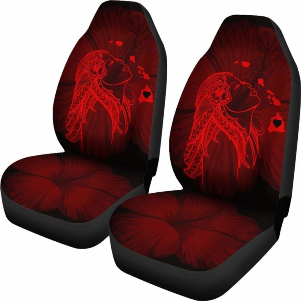 Premium Alohawaii Car Seat Covers - Hawaiian Hula Girl & Hibiscus Floral Design with Island Map in Vibrant Red (232125) - Perfect for Beach Trips, Summer Road Travel & Tropical-Themed Vehicle Decor