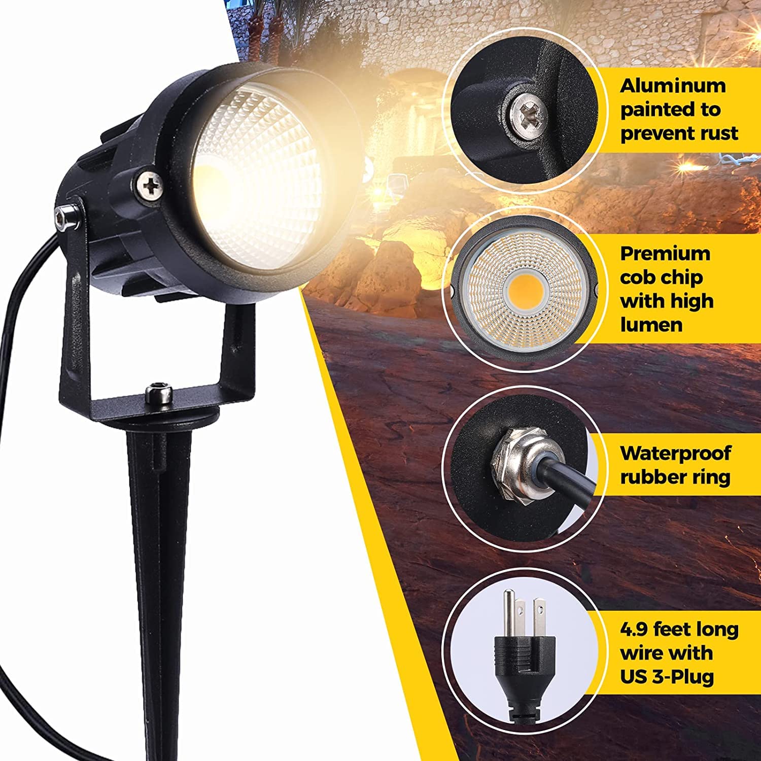 6 Pack LED Outdoor Landscape Spotlights - 120V AC Waterproof Garden Lights with Spiked Stake for Yard, Patio, Lawn, Wall & Driveway - Warm White Flood Lighting (US 3-Plug) - Perfect for Flag Lighting, Pathway Illumination & Security Lighting