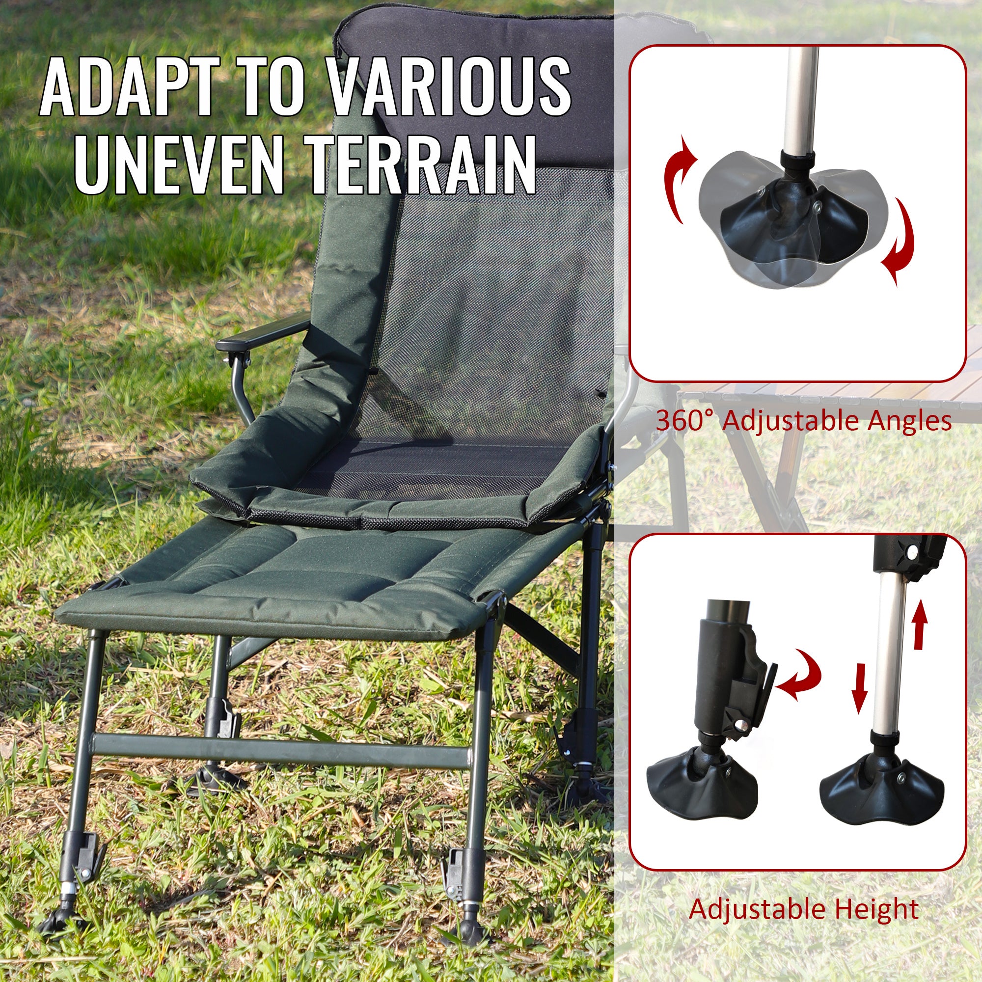 Portable Folding Reclining Camping Chair with Detachable Footrest & Adjustable Backrest - Lightweight Outdoor Lounge Chair for Camping, Beach, Hiking, Fishing (Green & Black) - Perfect for Backyard Relaxation, Picnics and Tailgating