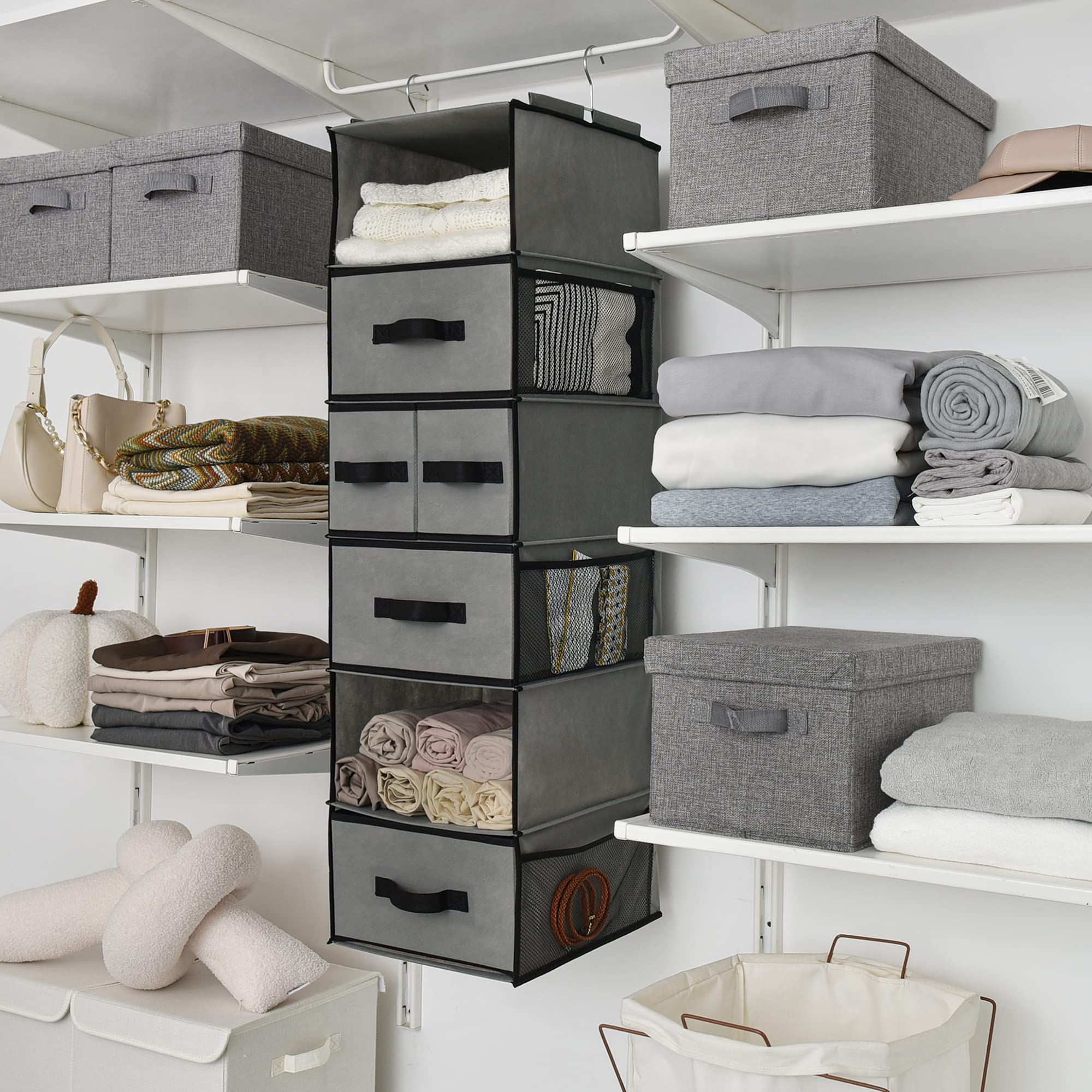 GRANNY SAYS 6-Shelf Hanging Closet Organizer with 5 Drawers & 6 Side Pockets - Space Saving Wardrobe Storage Solution for Clothes, Shoes & Accessories (Gray, 1-Pack) - Perfect for Bedroom, Dorm, Apartment & Small Space Organization