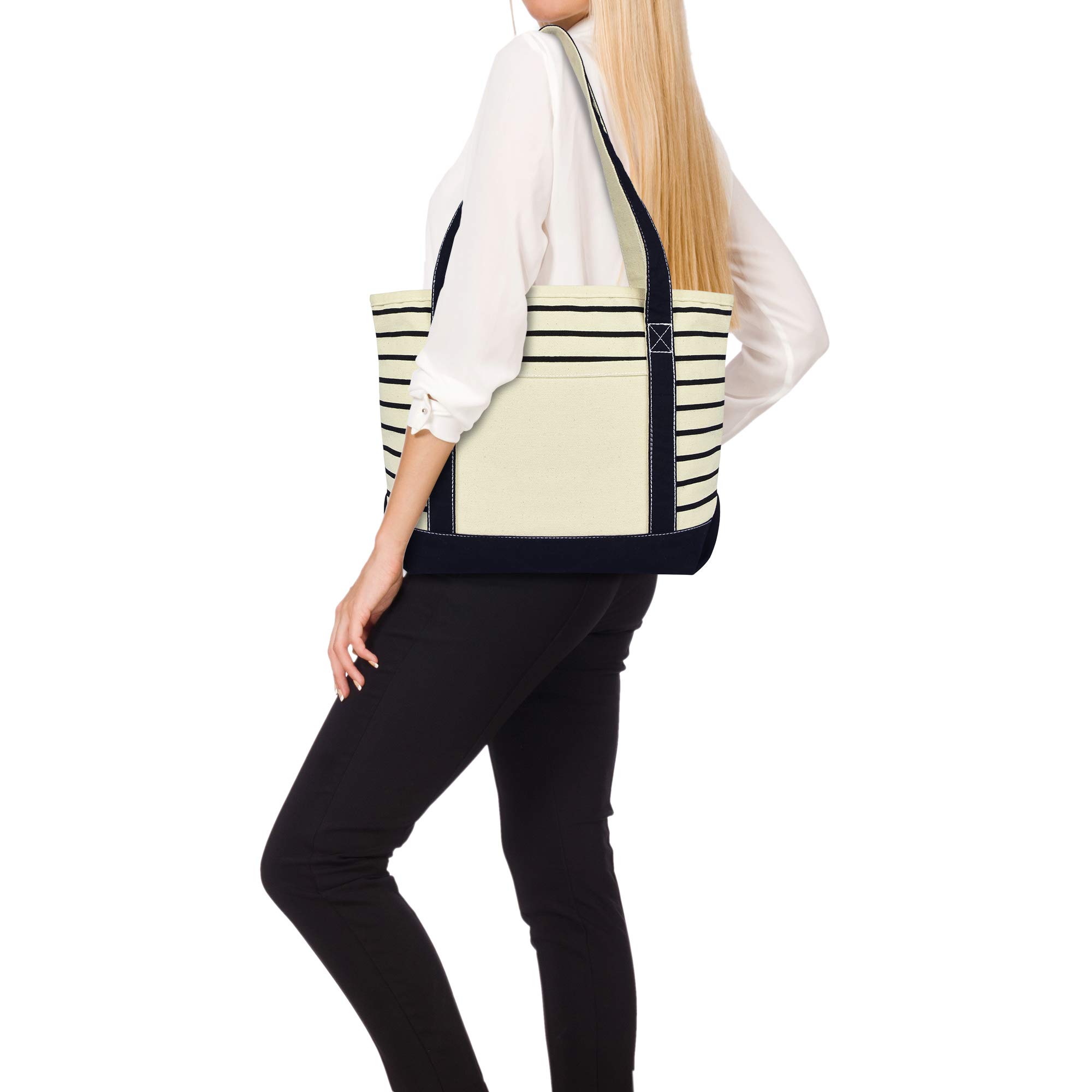 DALIX Small Stripe Tote Bag - Premium Cotton Canvas Shoulder Bag for Women in Black | Perfect for Work, Travel, and Everyday Use