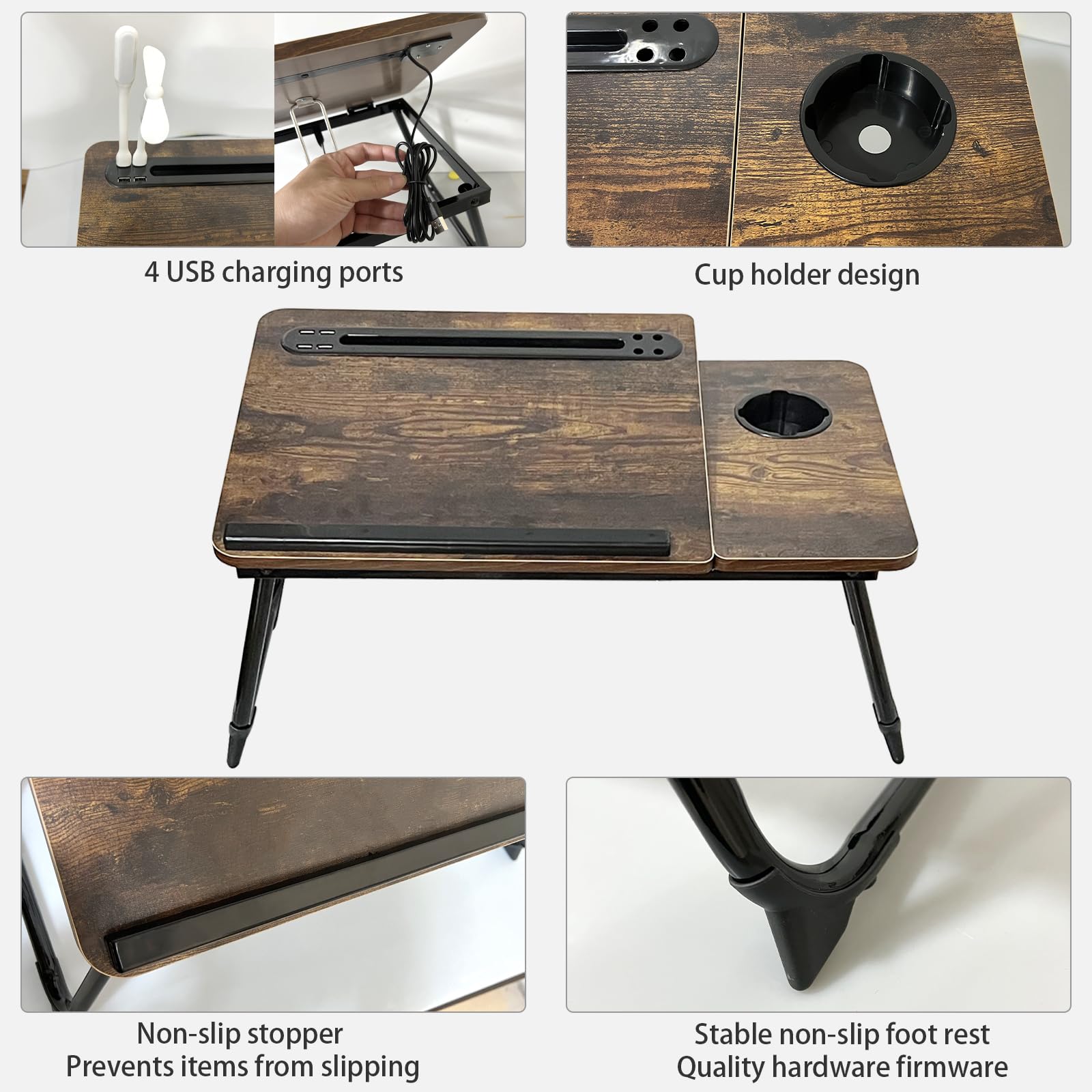 Adjustable Laptop Desk for Bed - 5 Angle Portable Lap Stand with USB Charger & Cup Holder - Rustic Brown Laptop Tray for Working, Writing, Gaming & Watching Movies in Bed or Sofa