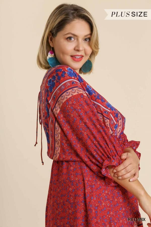 Umgee Women's Mixed Print High Low Midi Dress - Red Floral Summer Dress for Casual Wear, Beach Vacation & Date Night Outfits