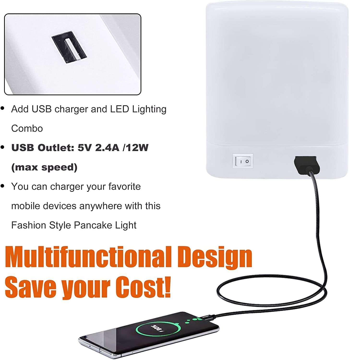 12V LED RV Interior Light with USB Charger (5V 2.4A) & Switch - Surface Mount Dome Light for RV Motorhomes, Campers, Trailers, Boats - Perfect for Nighttime Reading & Cabin Lighting