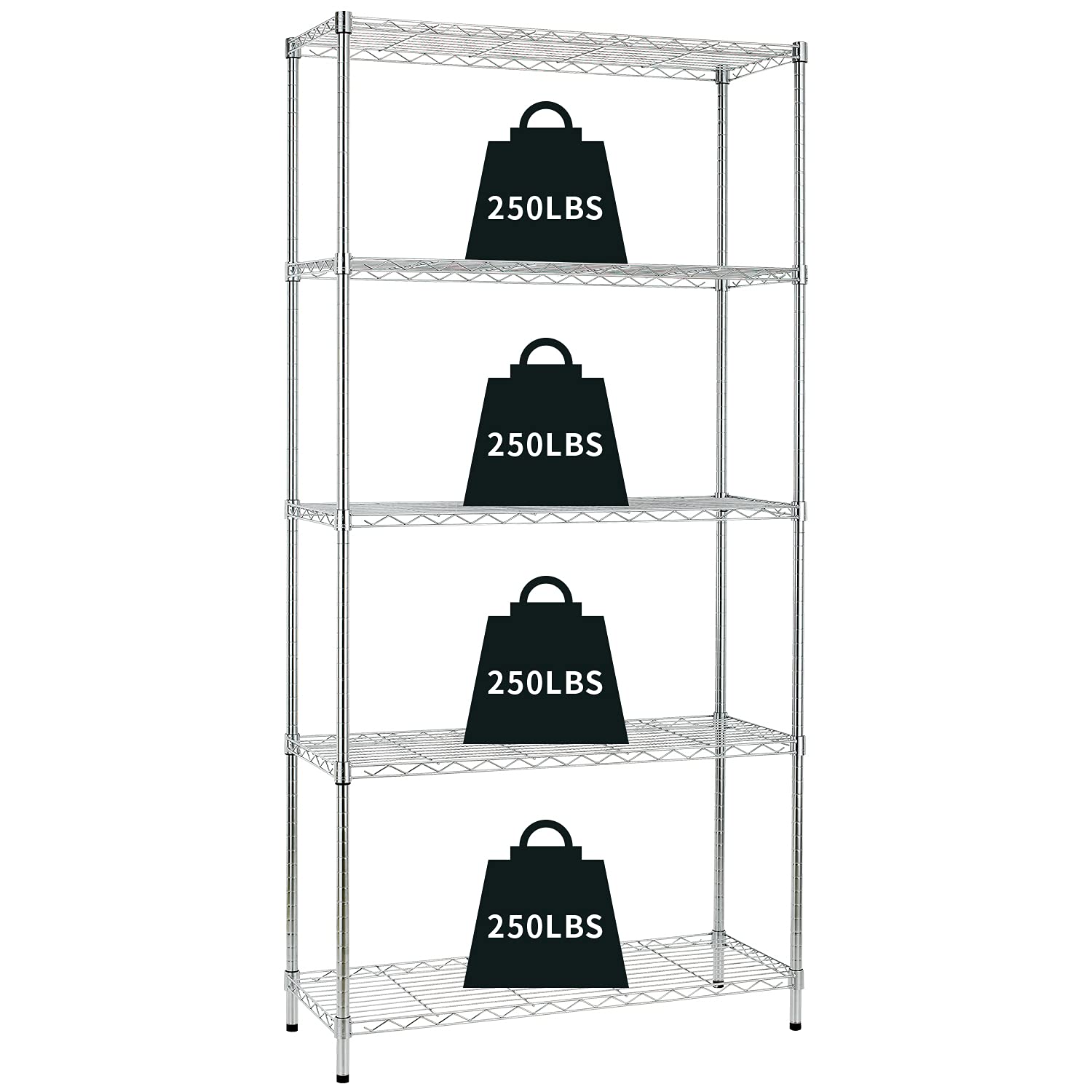 HCY 5-Tier Heavy Duty Metal Shelving Unit, 72x36x14 Inch Adjustable Steel Wire Shelves for Garage, Pantry, Kitchen Storage – Sturdy & Durable Chrome Finish – Perfect for Organizing Tools, Food Supplies, and Household Items