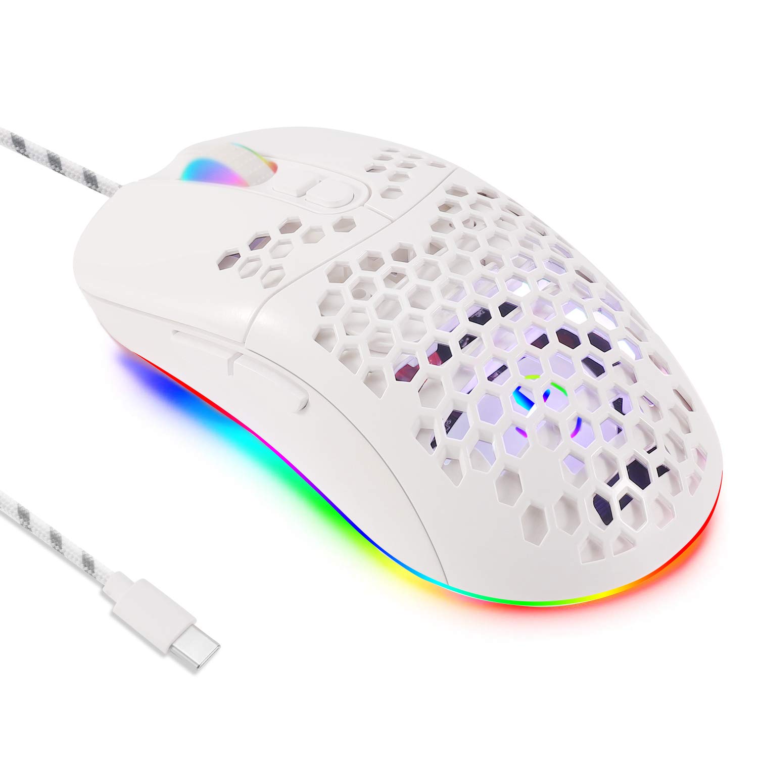 Premium USB C Mouse - Lightweight Wired Gaming Mouse with 7200 DPI for MacBook Pro, Chromebook, Laptop, PC | Ergonomic Design for Office Work, Gaming & Travel (White)