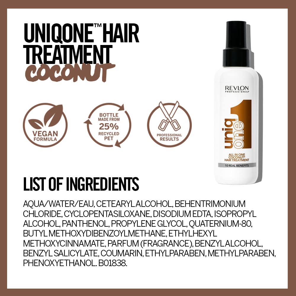 REVLON PROFESSIONAL UNIQONE COCO Leave-In Hair Treatment - Coconut Scented Hair Care for Dry & Damaged Hair - 5.07 fl oz (150ml) - Perfect for Daily Hydration & Frizz Control at Home or Salon