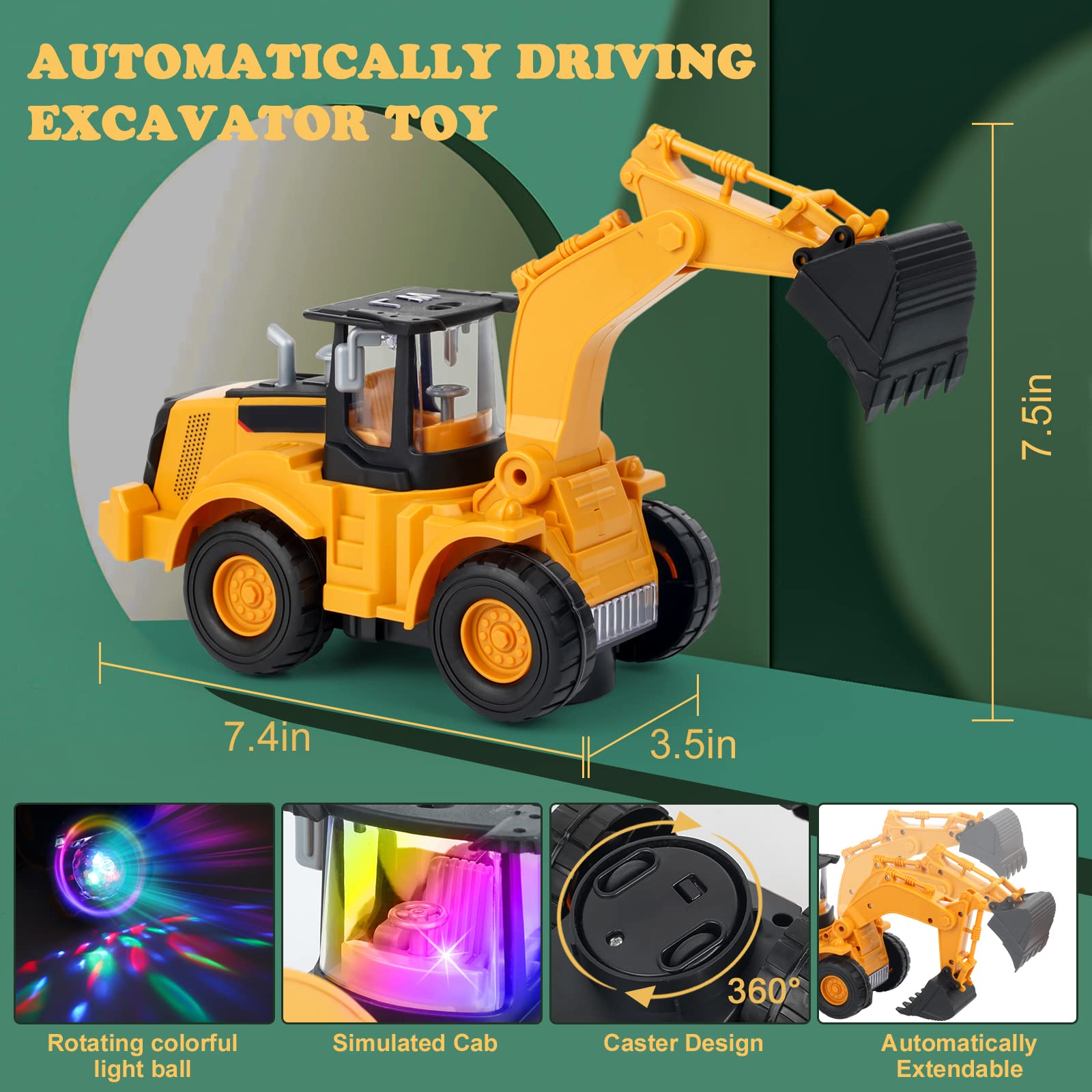 Kizeefun Electric Excavator Truck Toy for Kids Ages 2-5 - Construction Digger Truck with Lights & Music, Universal Wheels - Perfect Birthday & Christmas Gift for Toddler Boys | Outdoor Sandbox & Indoor Pretend Play