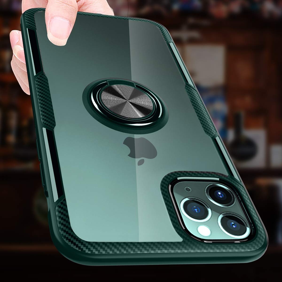 Samsung Galaxy Z Flip 5 Case - Carbon Fiber Clear Crystal Protective Cover with 360° Rotating Ring Holder & Kickstand (Dark Green) - Perfect for Daily Use, Travel & Hands-Free Viewing