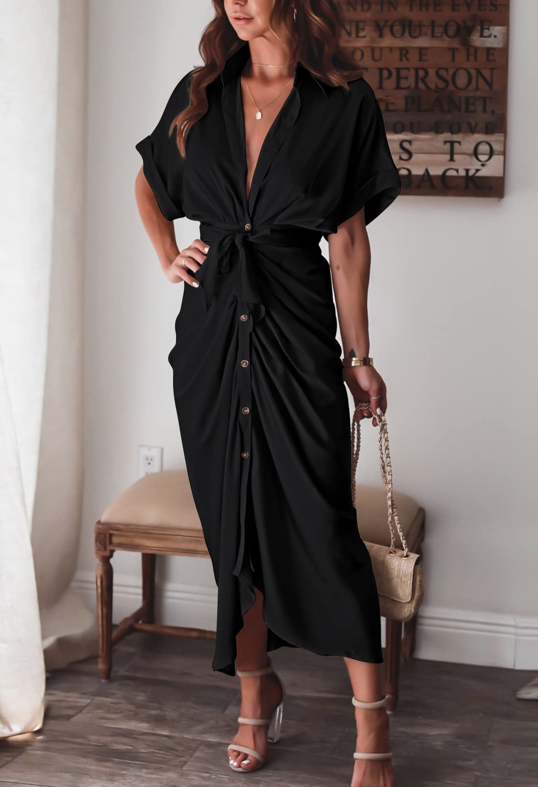 Elegant Women's Satin Button Down Short Sleeve Maxi Shirt Dress with Belt - Perfect for Summer Outings, Beach Vacations & Casual Office Wear