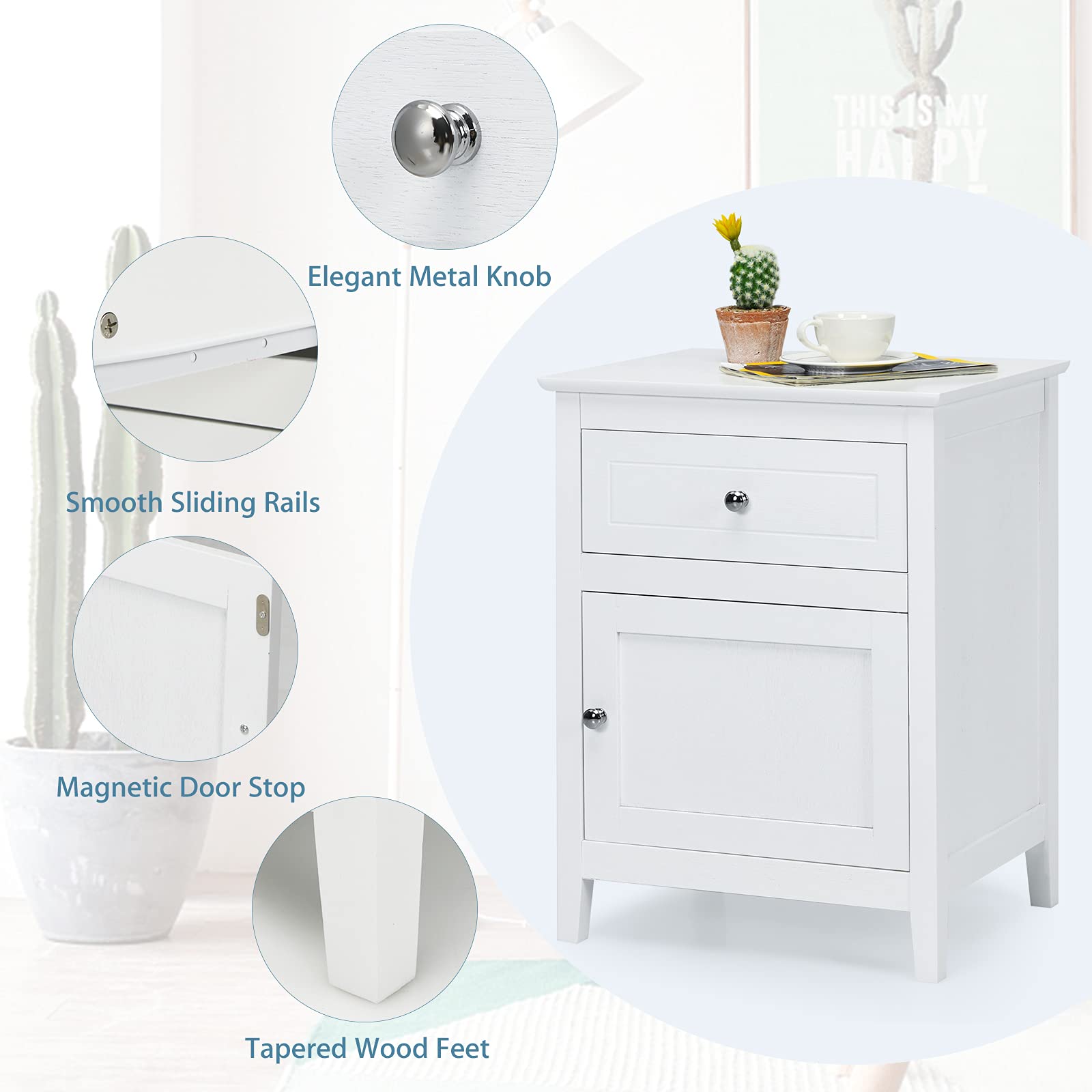 Giantex White Wooden Nightstand with Drawer & Storage Cabinet - 15