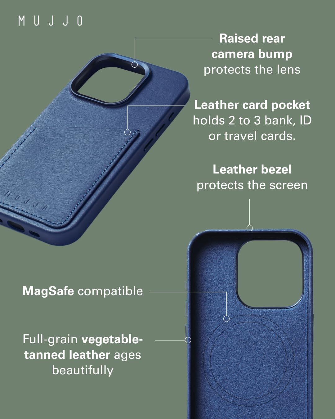 Premium Mujjo Leather Wallet Case for iPhone 15 Pro | MagSafe Compatible | European Leather with Card Pocket | Enhanced Protection for Phone & Camera | Eco-Friendly Recycled Materials | Perfect for Everyday Use, Travel & Business Professionals