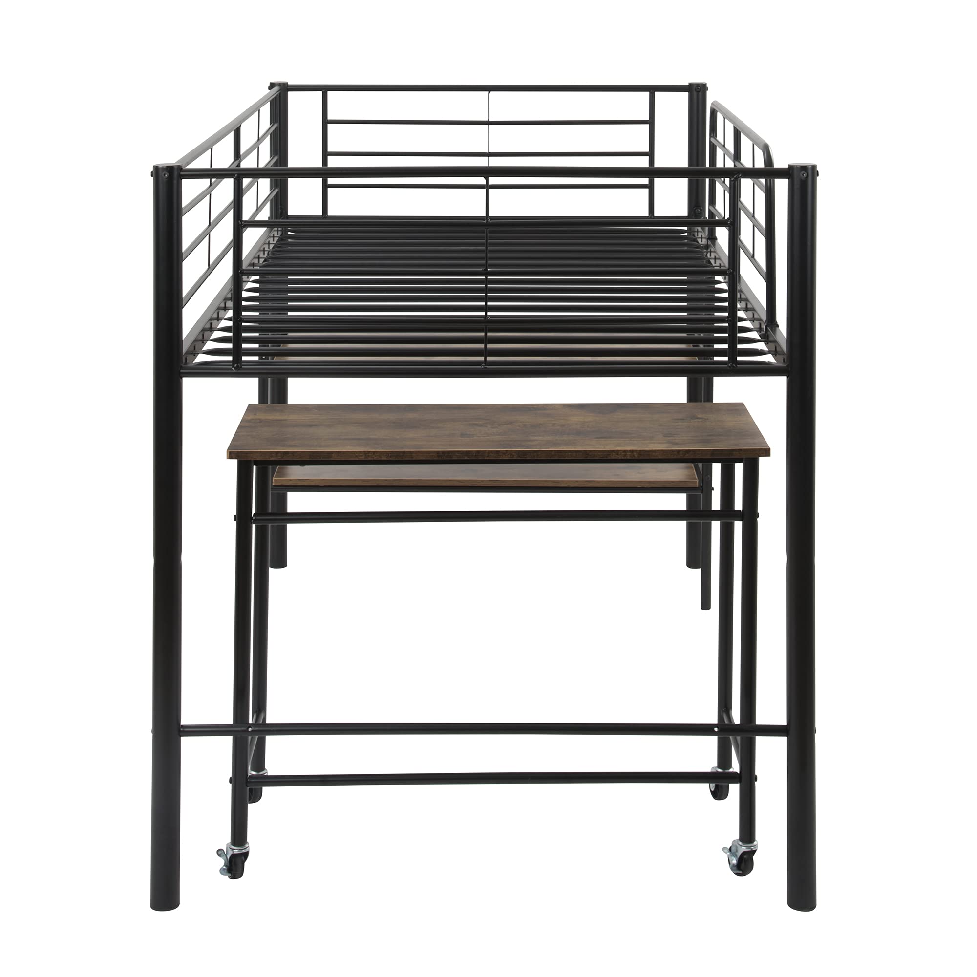 Knocbel Twin Loft Bed with Mobile Desk & Storage Shelves - Sturdy Metal Platform Bed Frame with Guardrails, Ladder & 16 Slats - Supports 200lbs - Space-Saving Solution for Kids, Teens & Small Bedrooms (Black)