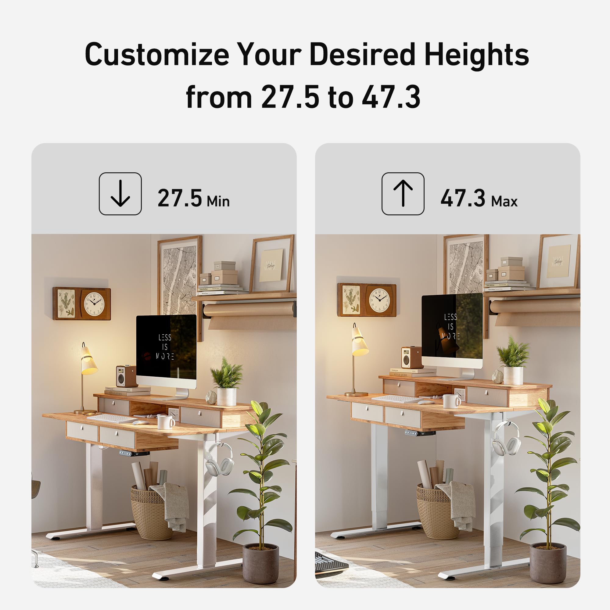 FEZIBO 48 x 24 Inch Electric Standing Desk with Drawers - Adjustable Height Sit Stand Workstation, Large Storage Shelf, Light Rustic Brown Top - Perfect for Home Office, Gaming Setup & Remote Work