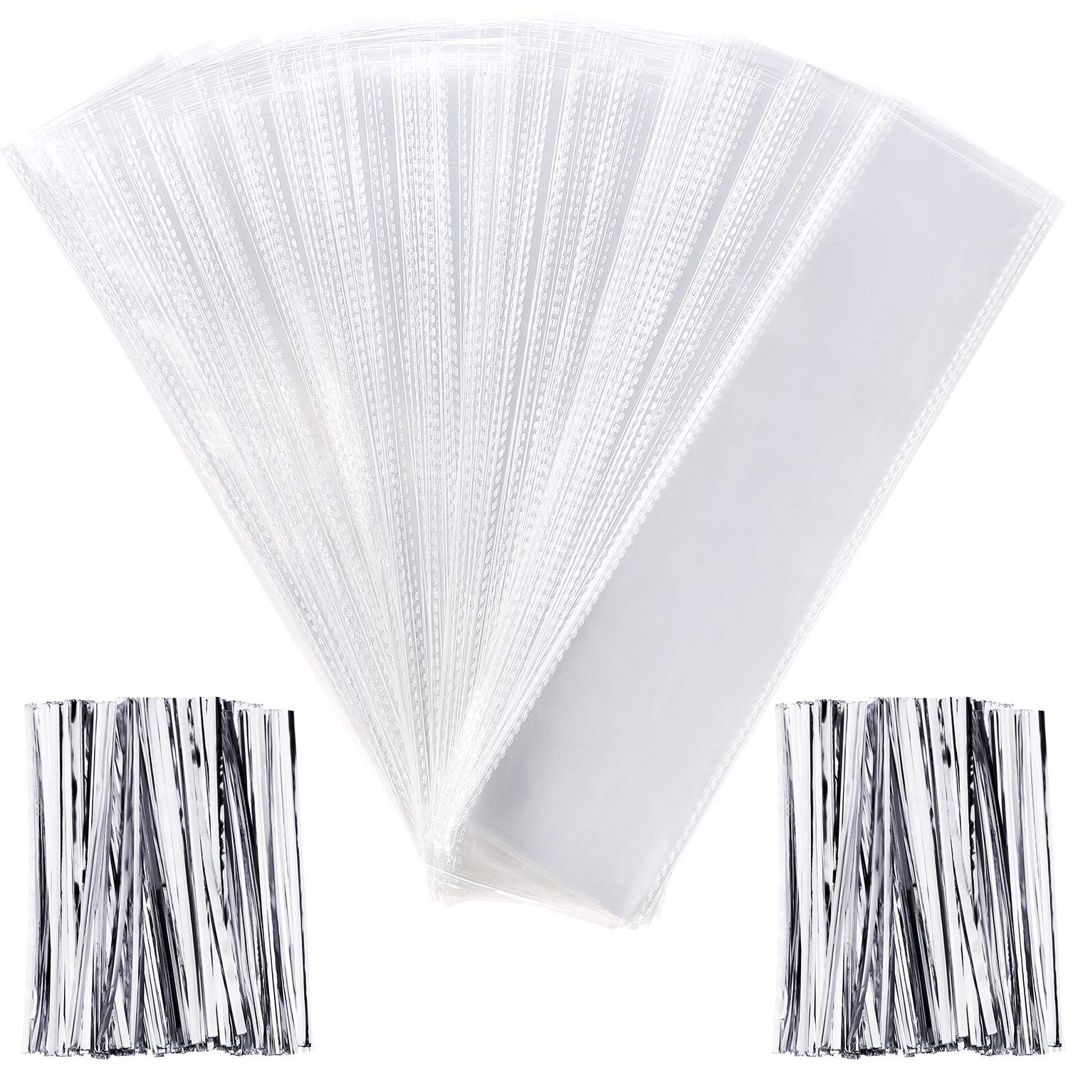Pangda 200-Pack Clear Plastic Cello Bags with Silver Twist Ties - Rectangle Transparent Treat Bags for Chocolate, Candies, Pretzels & Cookies | Perfect for Candy Buffets, Party Favors, Bakery Packaging & Gift Wrapping