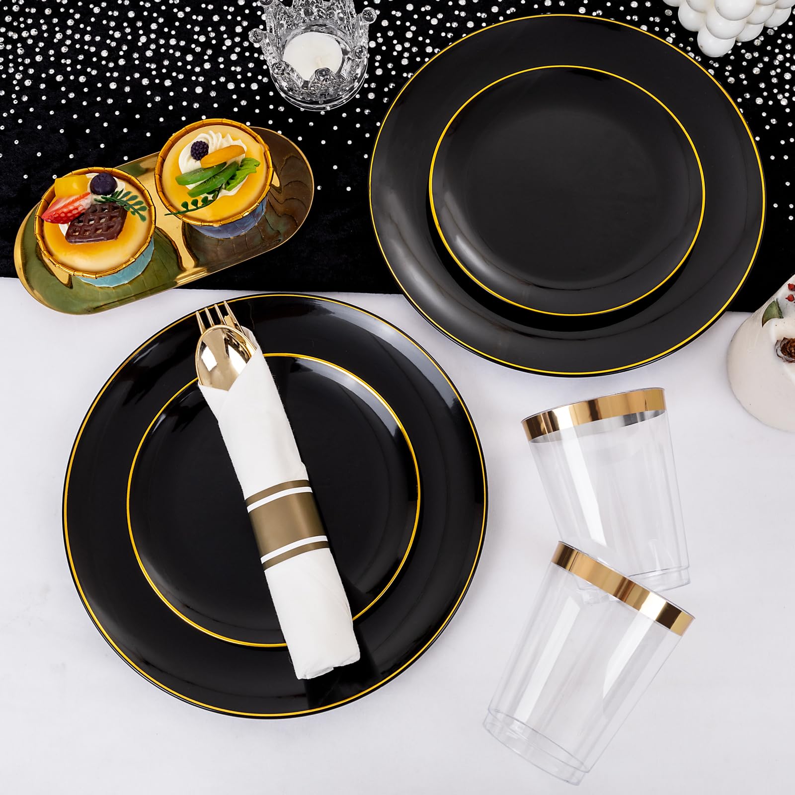350-Piece Black & Gold Plastic Dinnerware Set for 50 Guests - Includes 50 Dinner Plates, Dessert Plates, Cups & Silverware - Elegant Disposable Tableware for Weddings, Parties & New Year Celebrations
