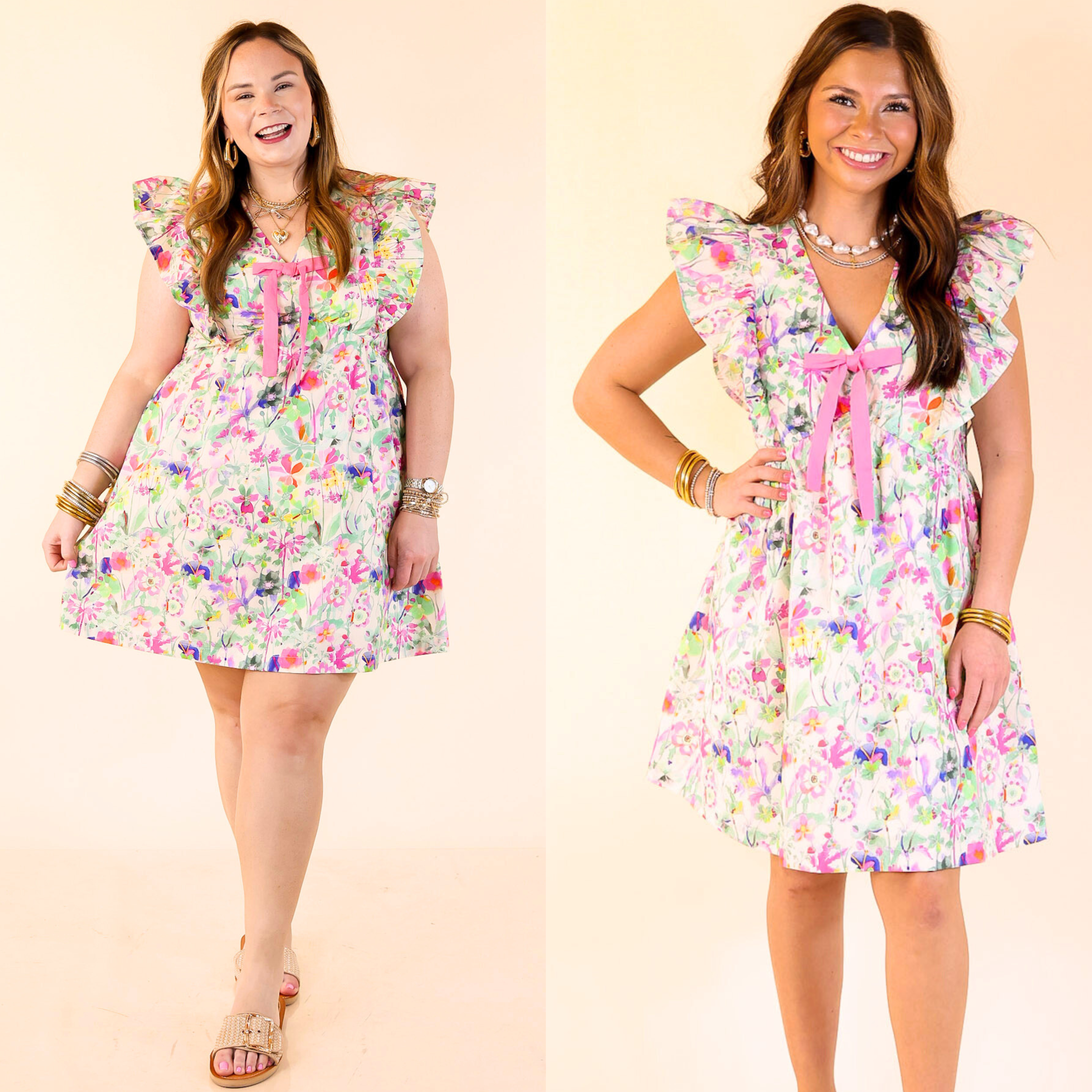 Bows & Blooms Tiered Floral Print Dress with Ruffle Cap Sleeves - Pink Mix Flowy Summer Dress for Women, Perfect for Garden Parties, Weddings & Brunch Dates