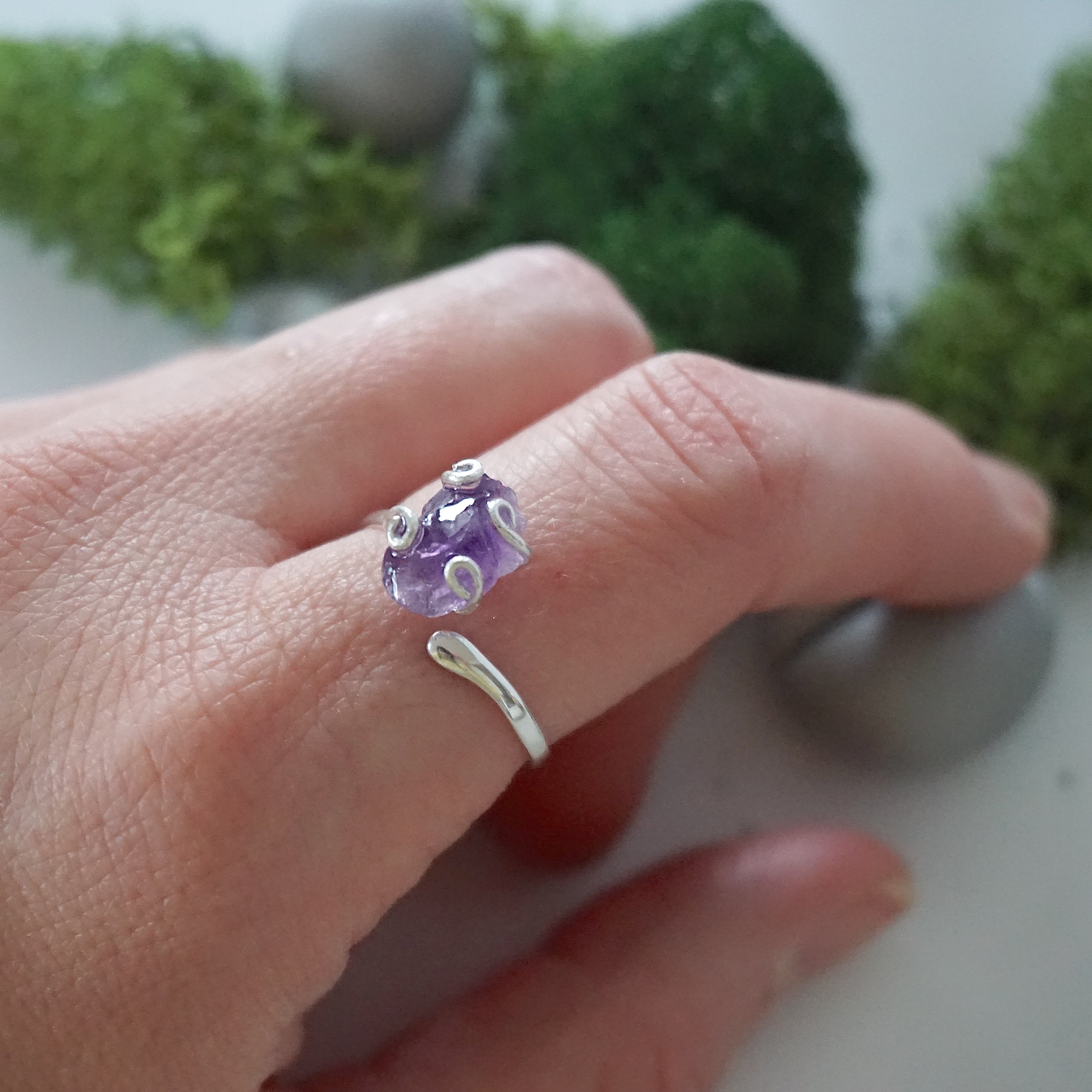 Natural Raw Amethyst Adjustable Ring - 925 Sterling Silver Jewelry for Women - Boho Chic Gift for Her, Meditation & Spiritual Healing Accessory