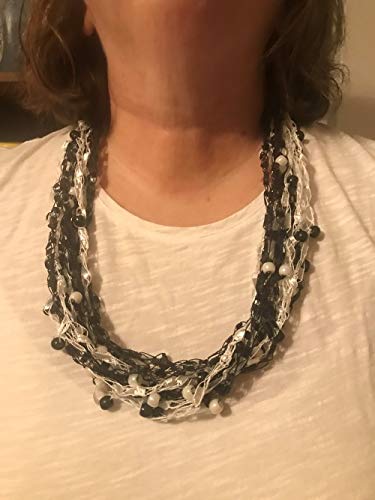 White and Black Yarn Necklace with Pony Beads - Handmade Bohemian Trellis Jewelry for Women - Perfect for Festivals, Parties and Boho Fashion Accessories
