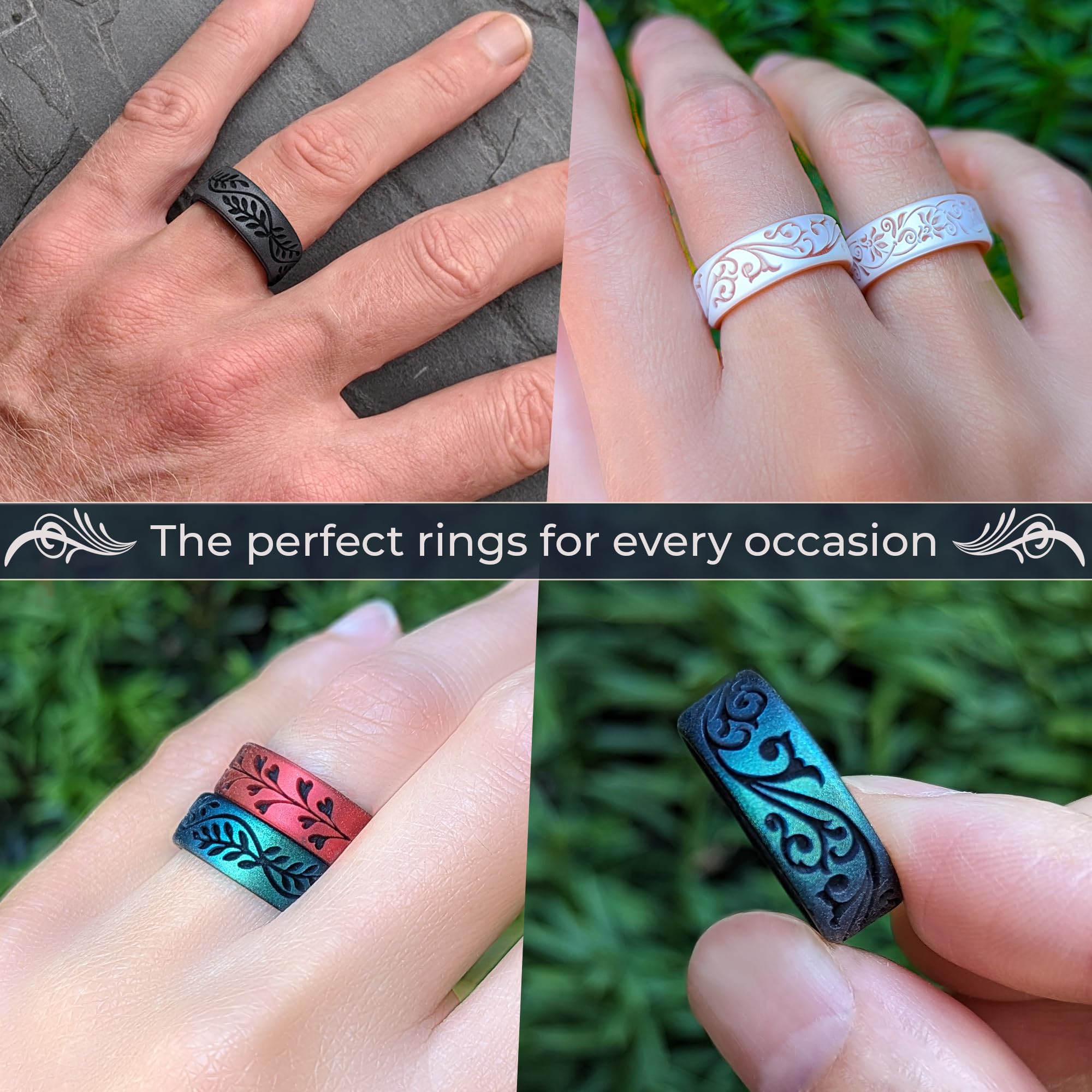 Knot Theory Dual Layer Silicone Wedding Band - Engraved Filigree, Floral, Hearts or Laurel Design - Breathable Comfort Fit for Sports, Gym, Swimming & Outdoor Activities