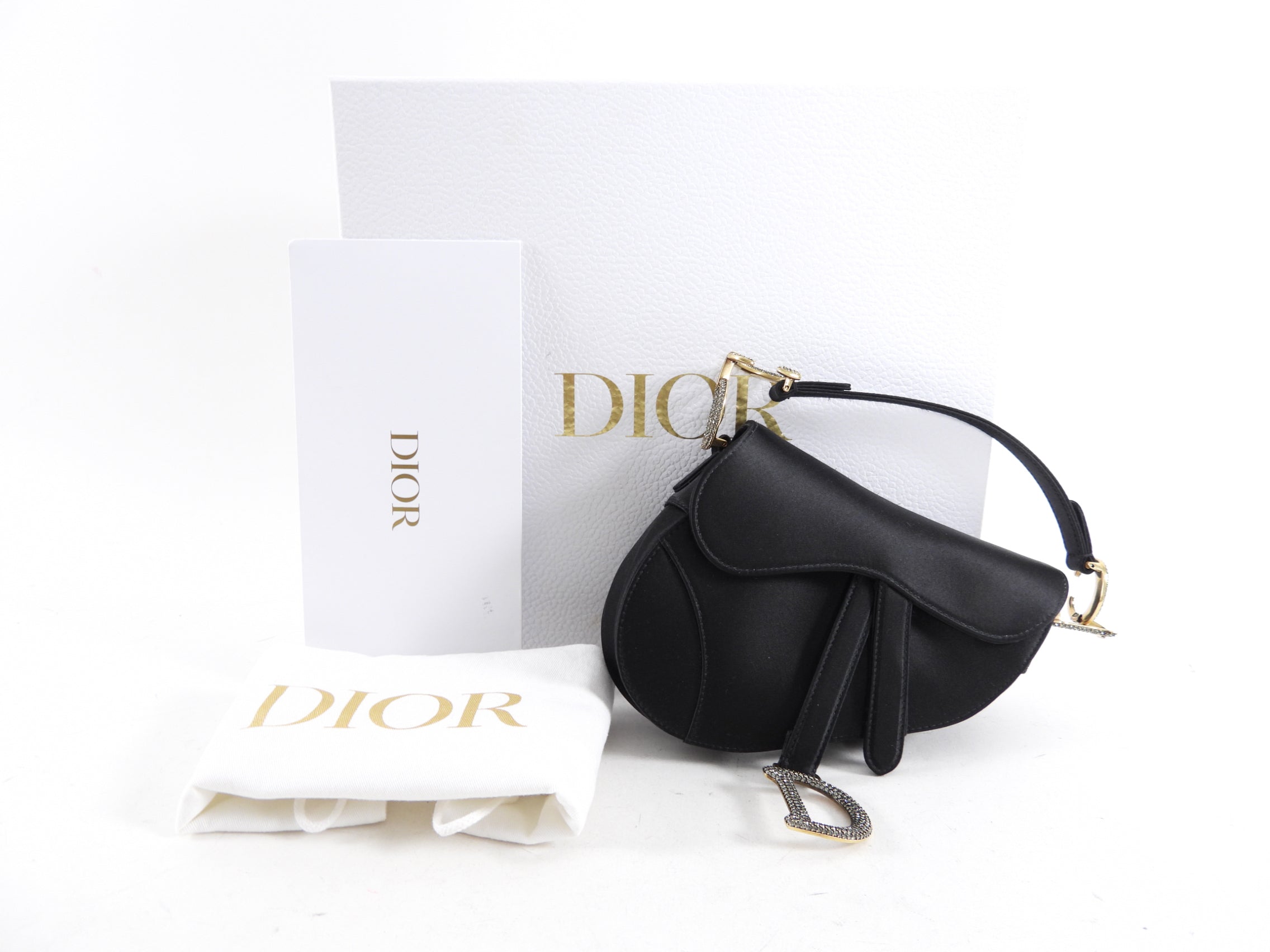 Christian Dior Black Satin Crystal Embellished Mini Saddle Bag - Luxury Crossbody Purse for Women, Perfect for Evening Parties & Special Occasions