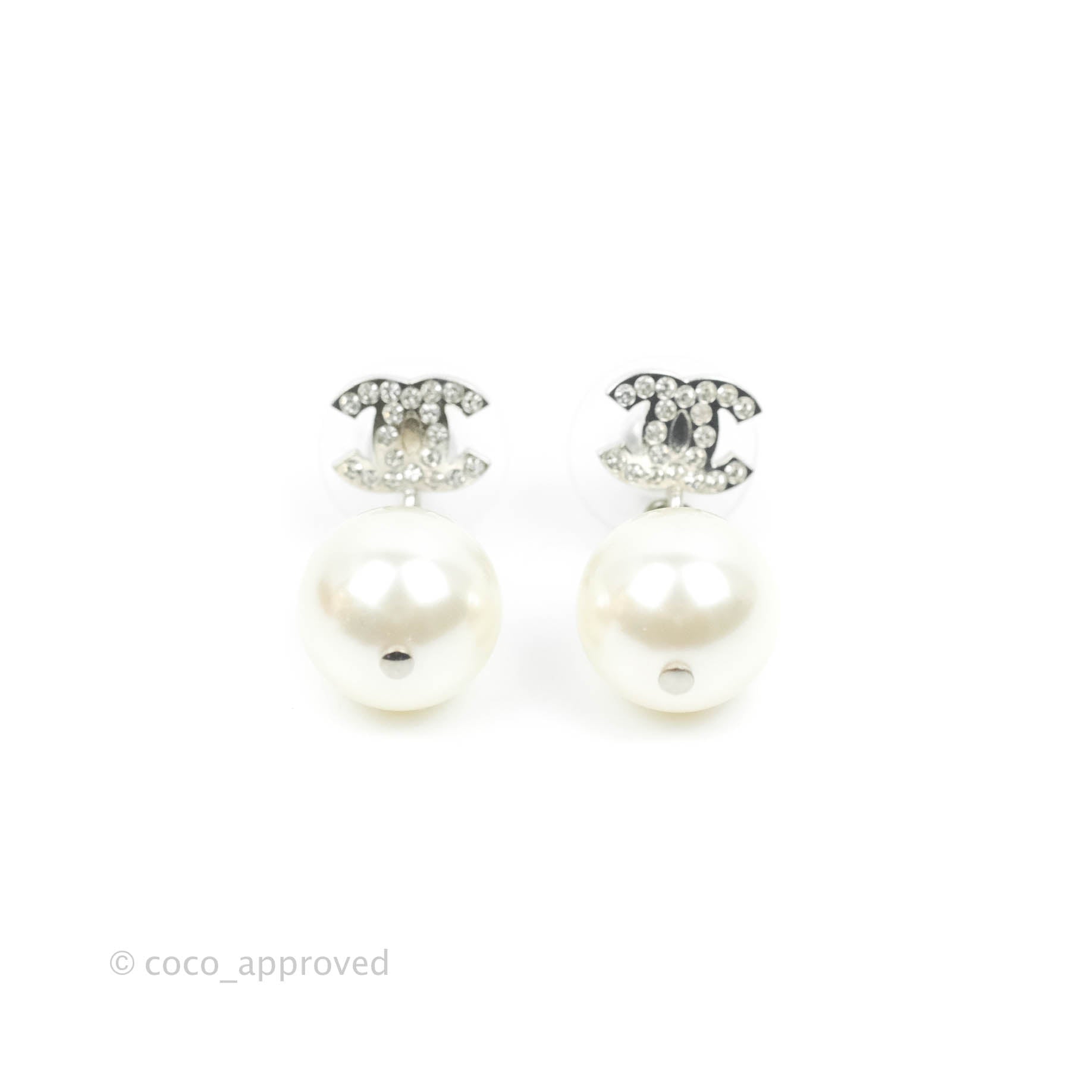 Chanel CC Rhinestone Pearl Drop Earrings - Silver Tone 20V - Luxury Fashion Jewelry for Women, Perfect for Parties, Weddings & Special Occasions