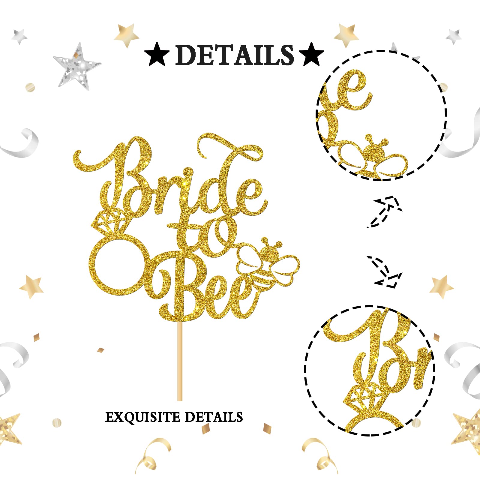 INNORU Bumble Bee Cake Topper for Wedding - Gold Glitter Bride to Bee Decorations for Bridal Shower, Hen Party & Wedding Reception (Bee Theme Party Supplies)