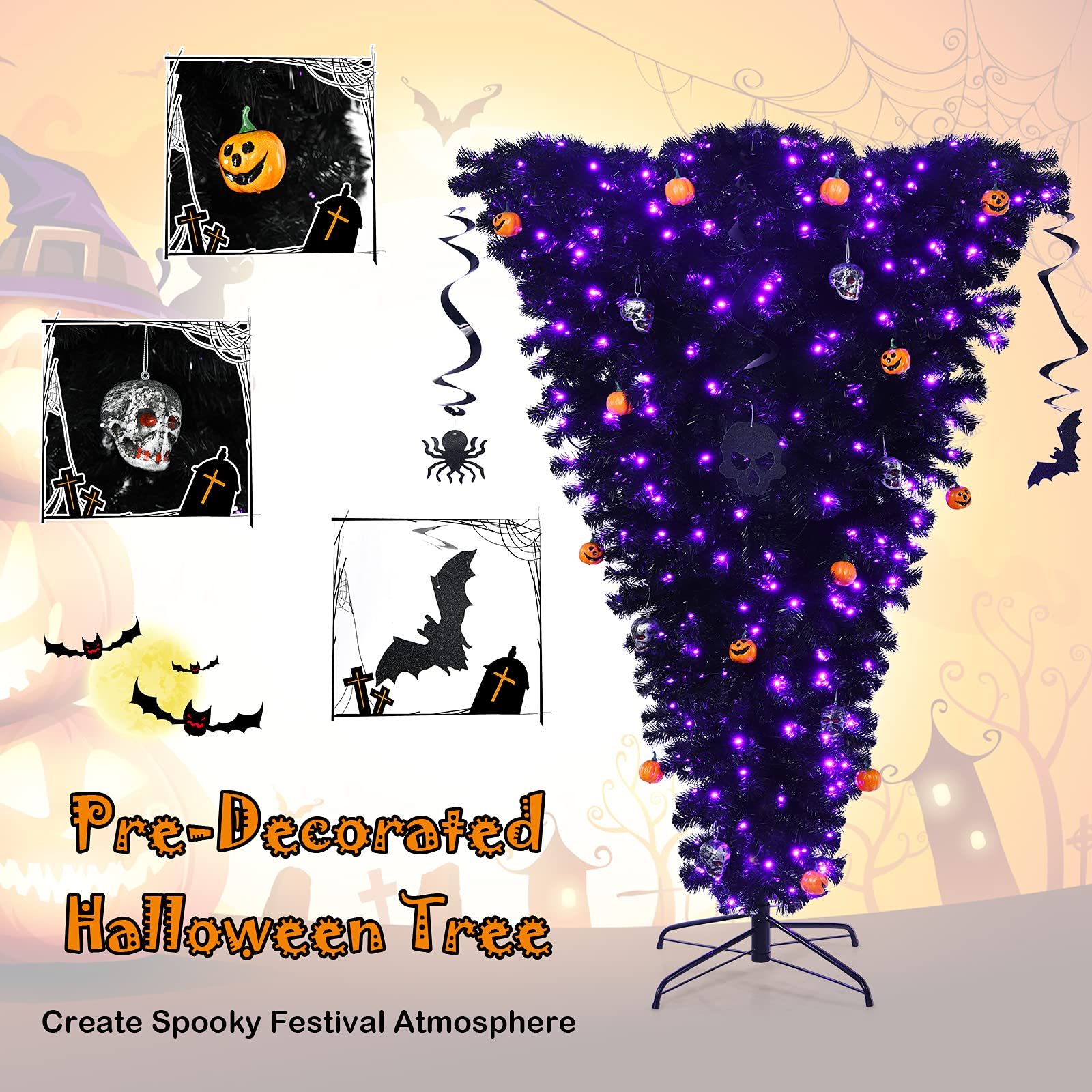 Goplus 6ft Pre-lit Upside Down Christmas Tree with 270 Purple LED Lights - Artificial Black Halloween Tree with Hinged Branches & Decorations - Unique Inverted Xmas Pine Tree for Holiday, Carnival, Party, Home & Office Decor
