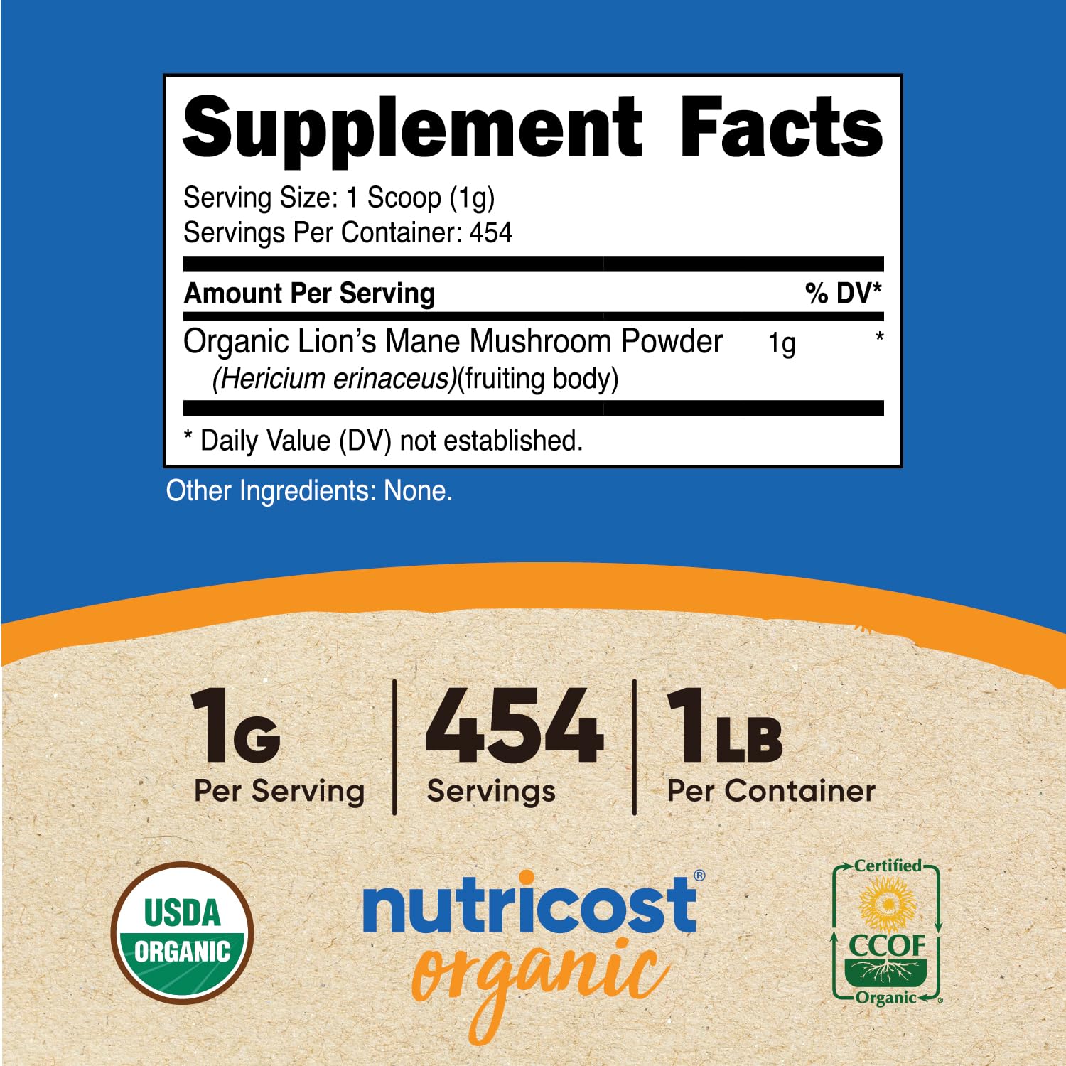Nutricost Organic Lion's Mane Mushroom Powder 1LB (16oz) - USDA Certified Organic, Vegan, Gluten-Free - Supports Brain Health & Focus - Perfect for Coffee, Smoothies & Baking