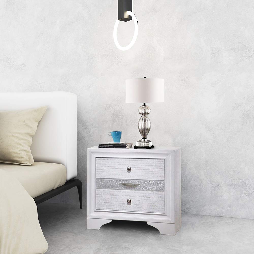 Modern White Nightstand with 3 Drawers - Elegant Wood Bedside Table with Crystal Inserts for Bedroom Storage - Fully Assembled Delivery | Perfect for Small Spaces, Guest Rooms & Apartment Living