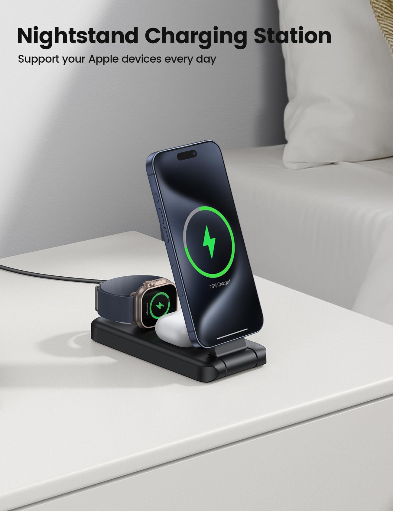 Lamicall 3-in-1 Magnetic Wireless Charging Station for iPhone 16/15/14/13 Pro/Pro Max, Apple Watch & AirPods - Foldable Fast Charger Stand with Magsafe | Portable Travel Charger for Home, Office & Car Use