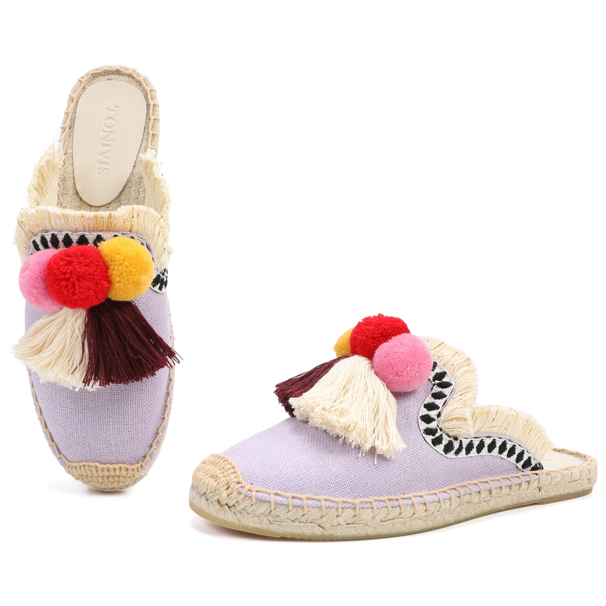 Women's Comfortable Mule Flat Shoes with Tassel & Pompom - Soft Espadrilles Slides Backless Slippers for Summer, Beach, and Casual Wear