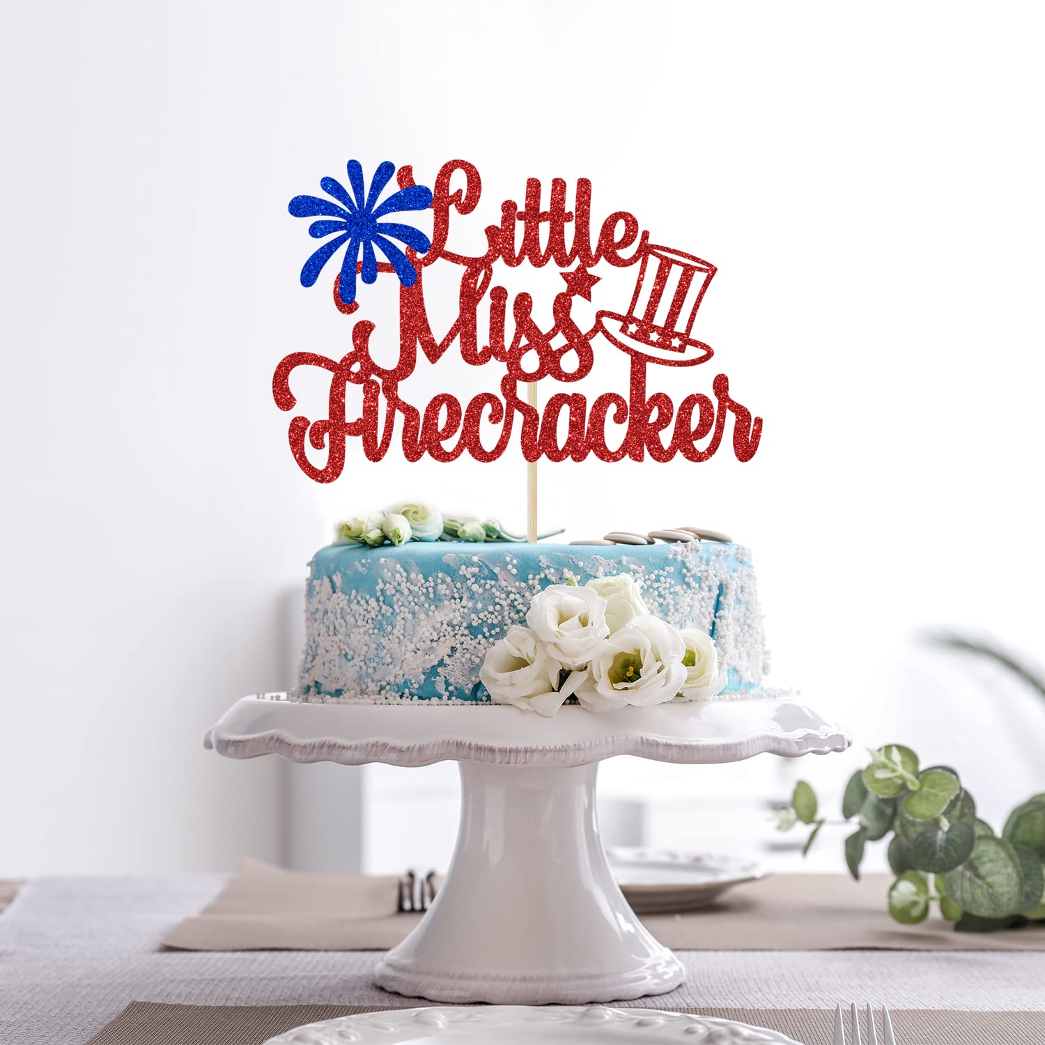 Little Miss Firecracker Cake Topper - Patriotic 4th of July & 1st Birthday Cake Decorations - Red and Blue Glitter Party Supplies for Independence Day, Baby Showers & Gender Reveals
