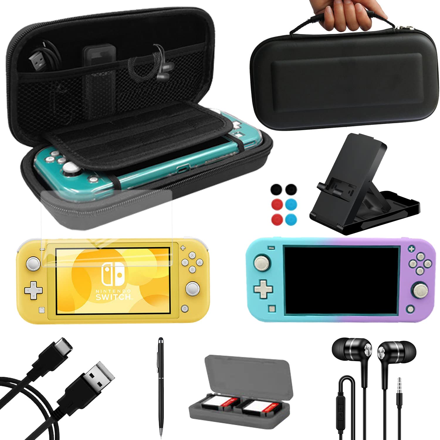 Nintendo Switch Lite Accessories Bundle 9-in-1 - Protective Case, Grip Cover, Joy-Con Holder, Game Card Case, Screen Protector, Stylus, Headphones, Playstand & Charging Cable - Perfect for Travel, Gaming On-The-Go & Home Entertainment