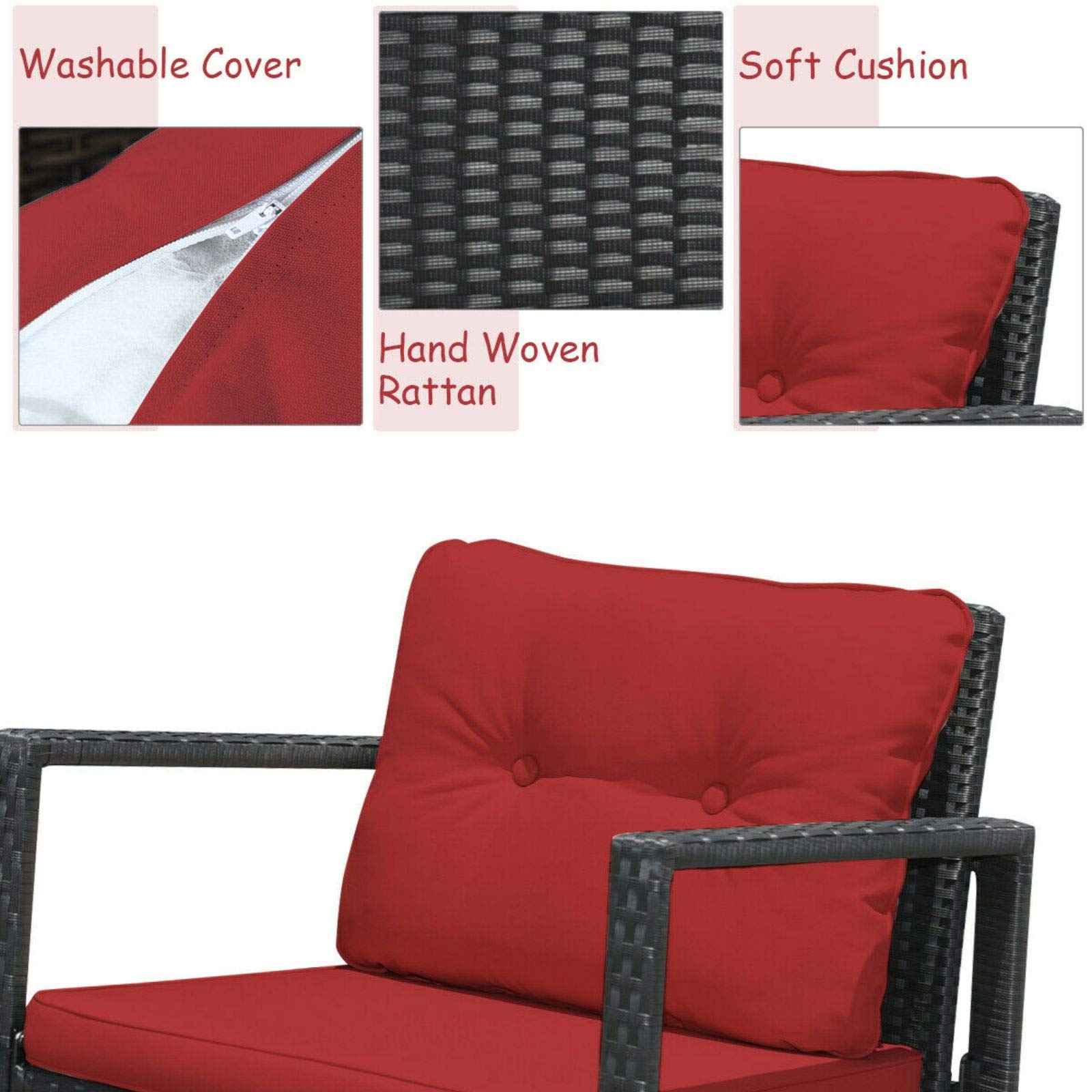 3 Piece Wicker Rocking Bistro Set - Outdoor Patio Furniture with 2 Rocking Chairs & Glass Coffee Table for Beach, Backyard, Garden - Perfect for Relaxing & Entertaining (Red)