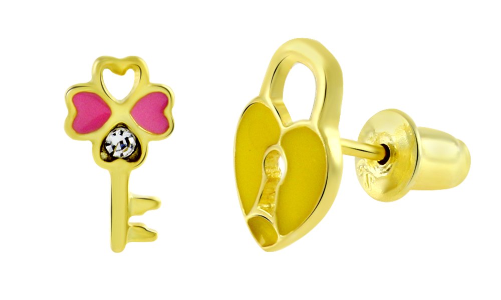 AFFY 925 Sterling Silver Clover Key & Heart Lock Stud Earrings for Women - Perfect for Everyday Wear, Gift Giving & Special Occasions