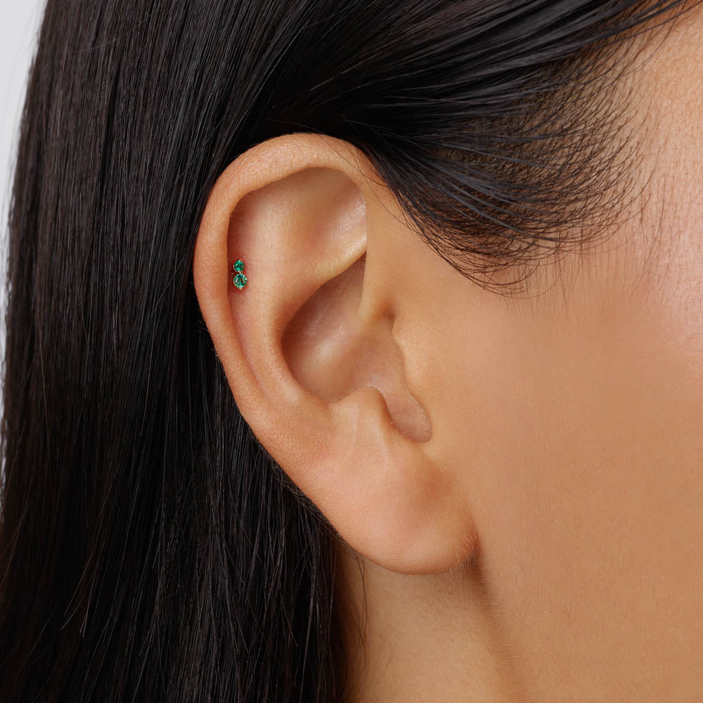10k Gold Emerald Twin Cluster Helix Single Stud Earrings - Perfect for Parties, Weddings & Everyday Elegance